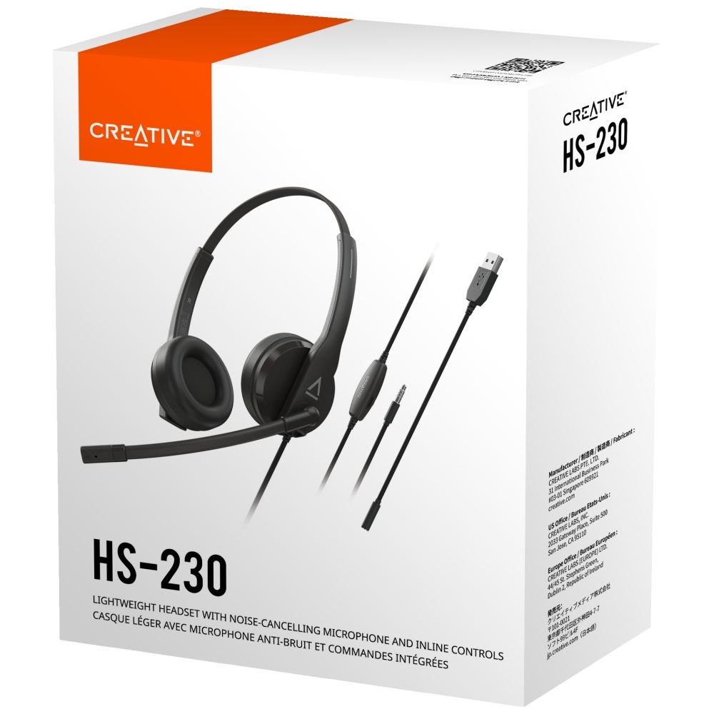 Ein weißer Karton mit einem Creative HS-230 Headset. Das Headset ist schwarz. Text auf der Box enthält den Produktnamen und die Beschreibung.
