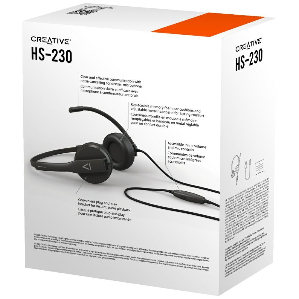 Eine weiße Creative HS-230 Headset-Box zeigt das Headset und seine Funktionen. Text beschreibt die Eigenschaften.