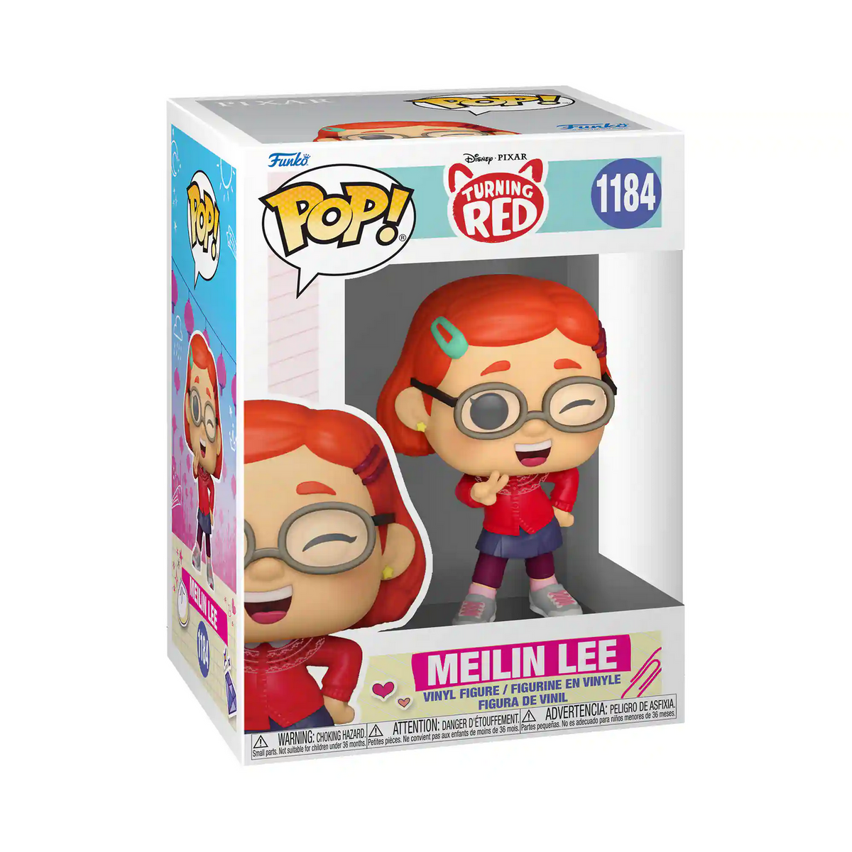 Una caja Funko Pop con Mei Lin de Red. La figura tiene pelo rojo, gafas y una chaqueta roja. La caja tiene el logo de la película.