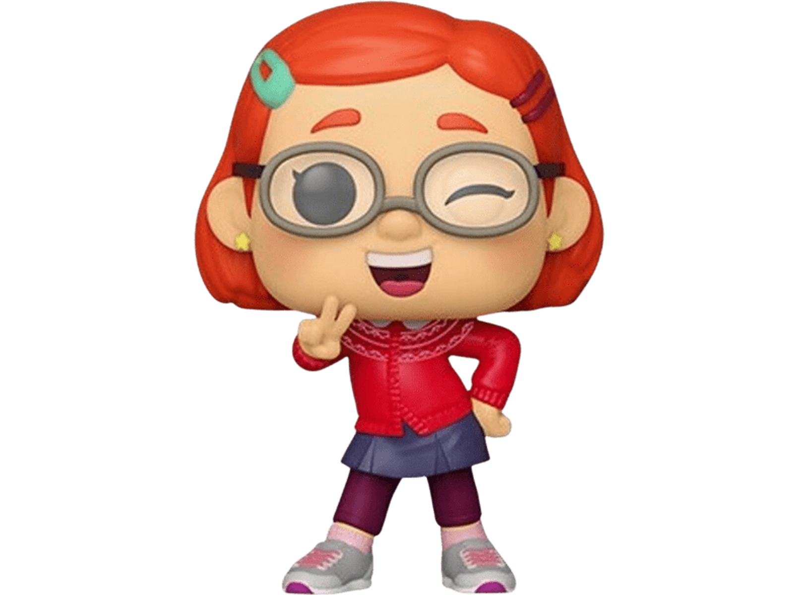 Una chica de dibujos animados con pelo rojo, gafas y un suéter rojo hace la señal de la paz. Lleva una falda azul y zapatillas.