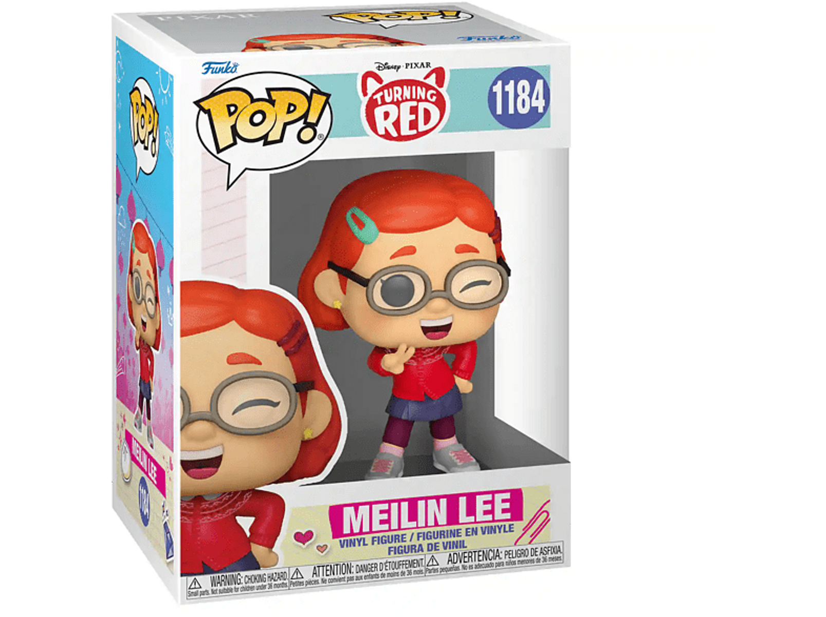 Una caja Funko Pop con una figura de Meilin Lee de Turning Red. Lleva gafas, una chaqueta roja y una falda azul.