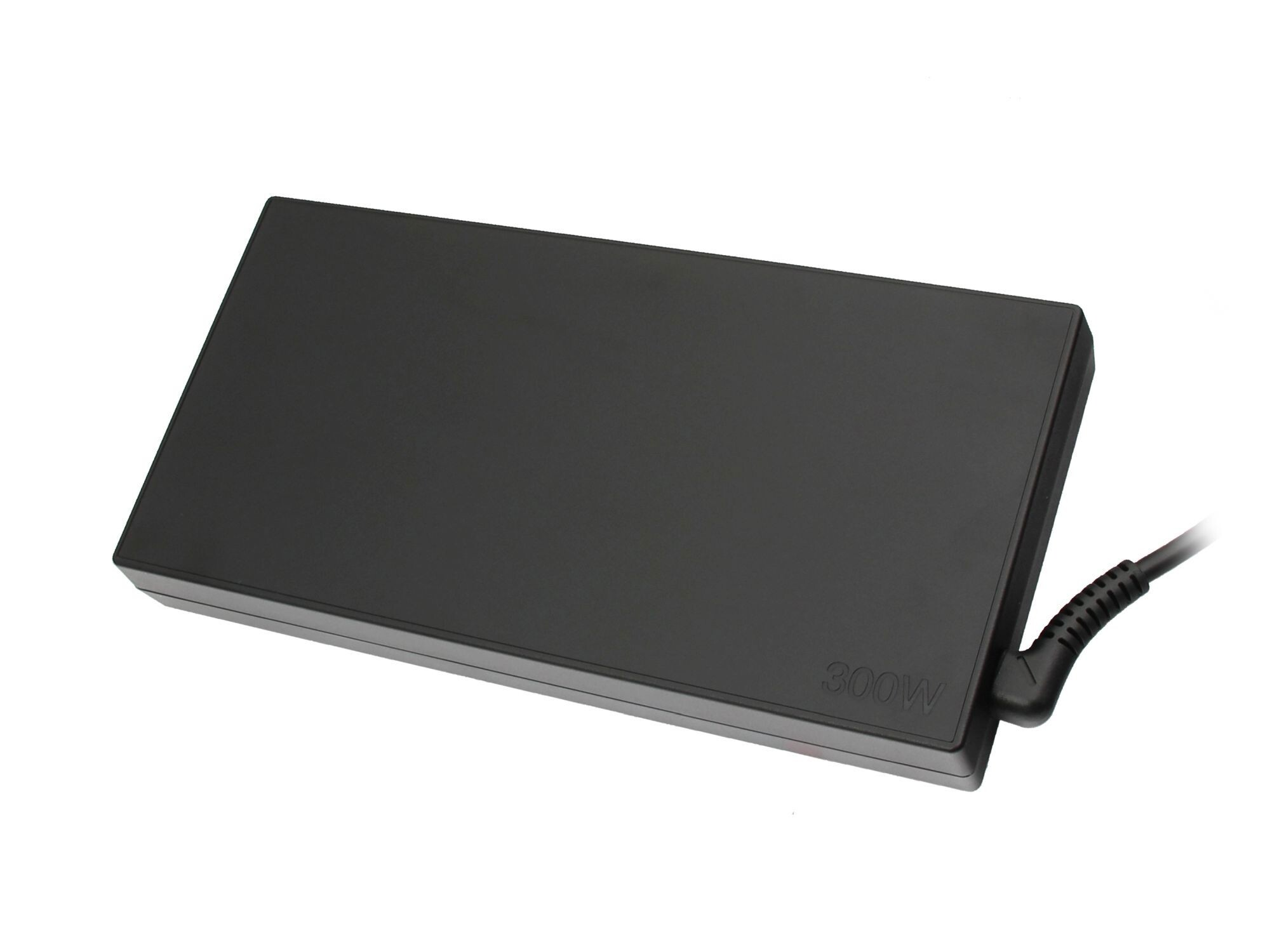 Ein schwarzes Laptop-Netzteil mit Netzkabel, beschriftet mit '300W', vor weißem Hintergrund.