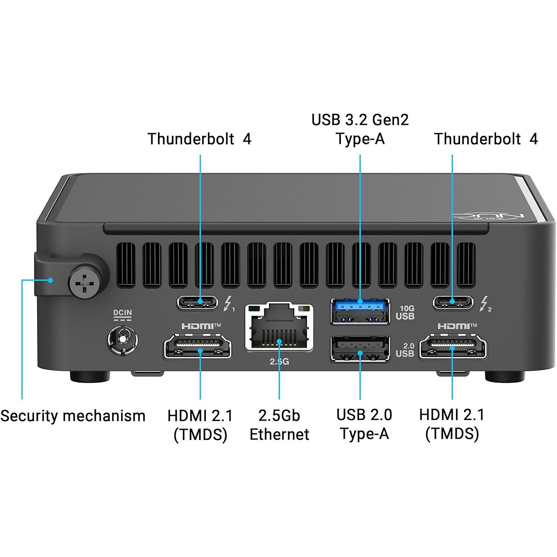 Una mini computadora NUC negra con múltiples puertos, etiquetados: Thunderbolt 4, USB, HDMI y Ethernet. También mecanismo de seguridad visible.
