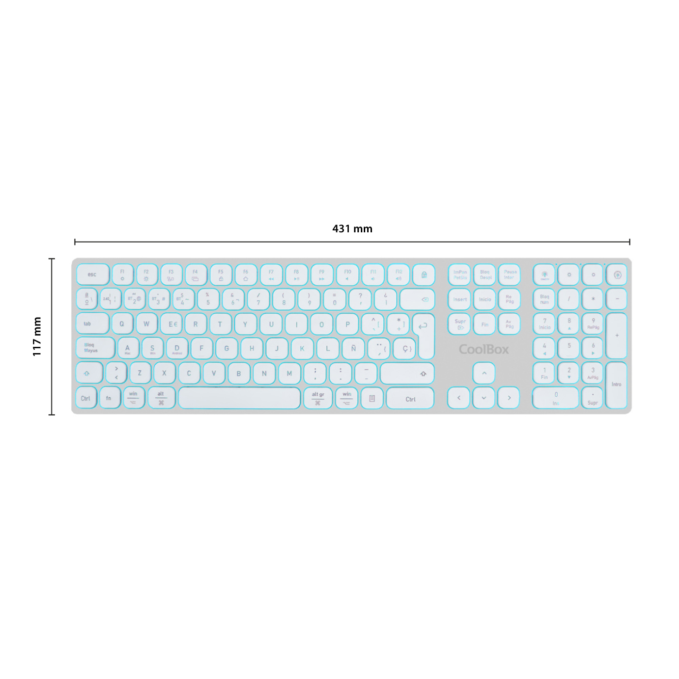 Un teclado blanco con teclas azul claro, 431 mm de ancho y 117 mm de alto. Tiene la marca 'CoolBox'.