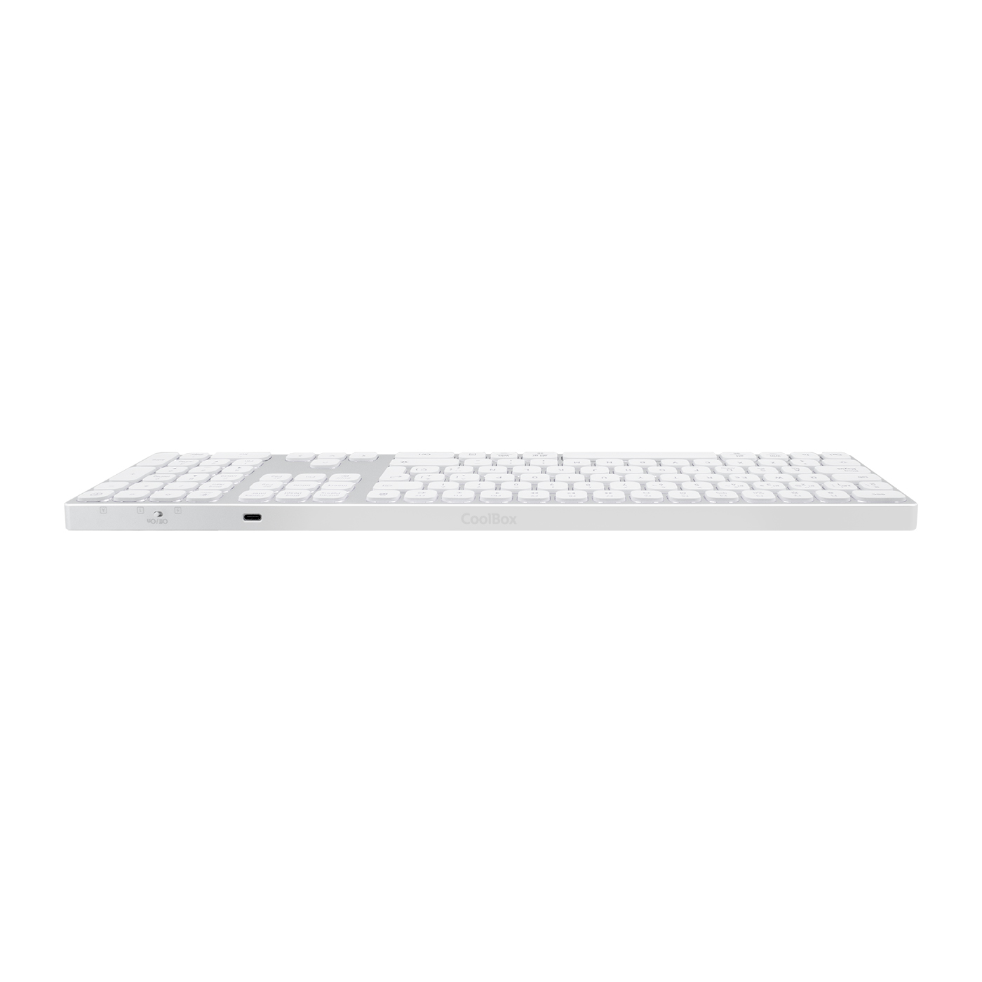 Un teclado CoolBox blanco, visto desde un ángulo bajo. El teclado está centrado, con teclas visibles. El fondo es blanco liso.