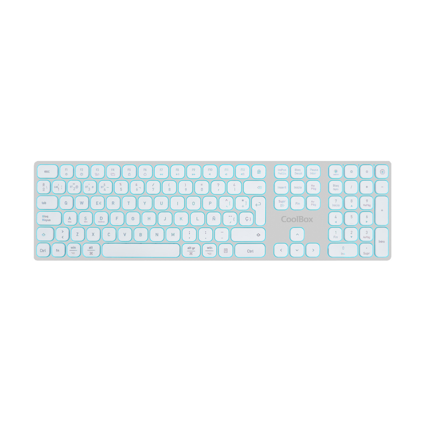 Un teclado blanco con teclas y letras azul claro. Tiene un diseño estándar con teclas de función y un teclado numérico.