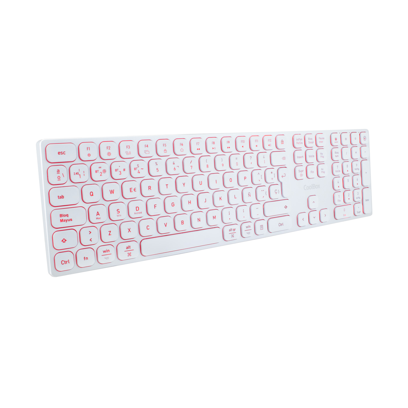 Un teclado blanco con teclas y letras rojas. Las teclas incluyen letras, números y caracteres especiales, con un logo 'CoolBox'.