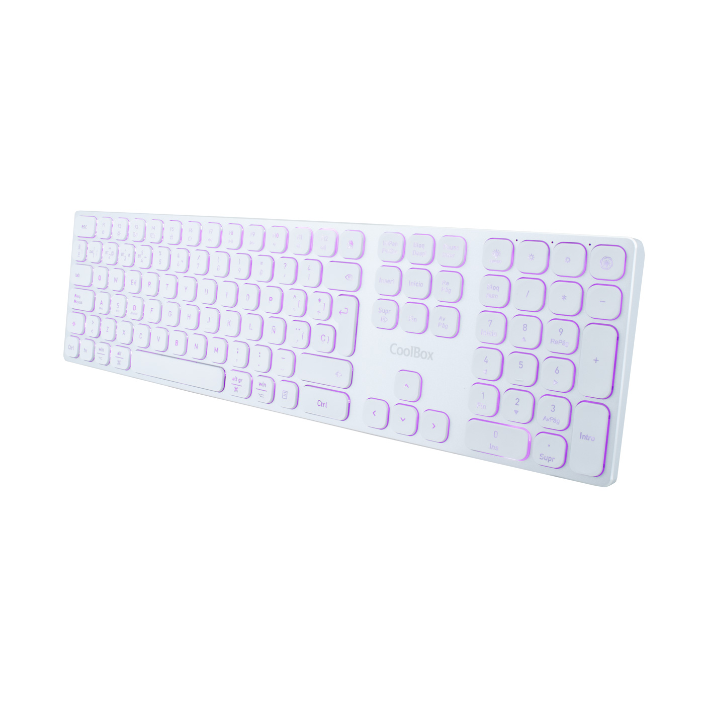 Un teclado blanco con retroiluminación púrpura. El teclado está en ángulo, mostrando teclas y un teclado numérico. Marca CoolBox.