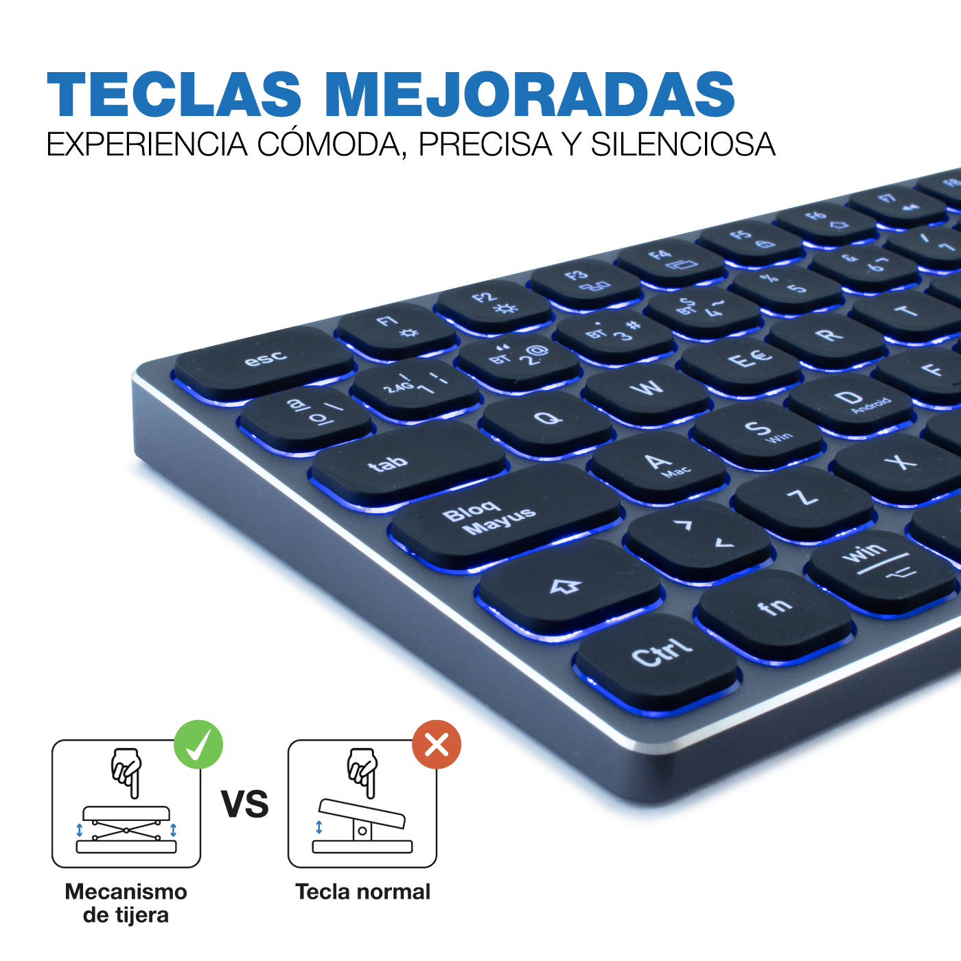 Primer plano de un teclado retroiluminado con teclas. Texto: 'TECLAS MEJORADAS' y 'EXPERIENCIA CÓMODA'. Comparación de teclas de tijera y normales.