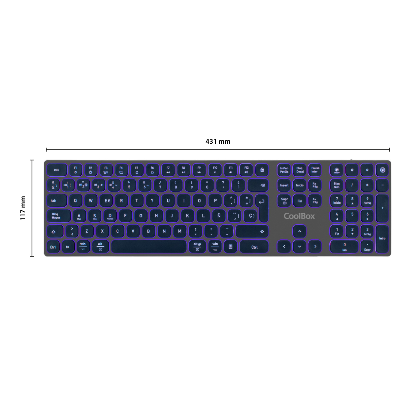Un teclado oscuro con letras blancas y luces moradas. Tiene un logotipo de CoolBox y varias teclas de función.