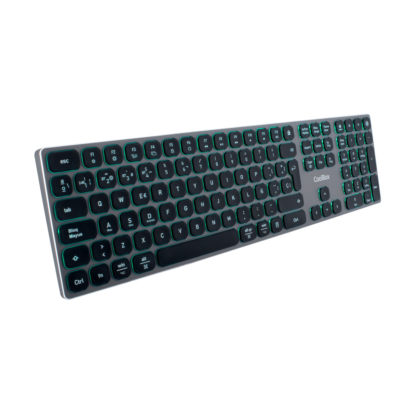 Un teclado CoolBox gris con teclas retroiluminadas verdes. El teclado está sobre un fondo blanco.