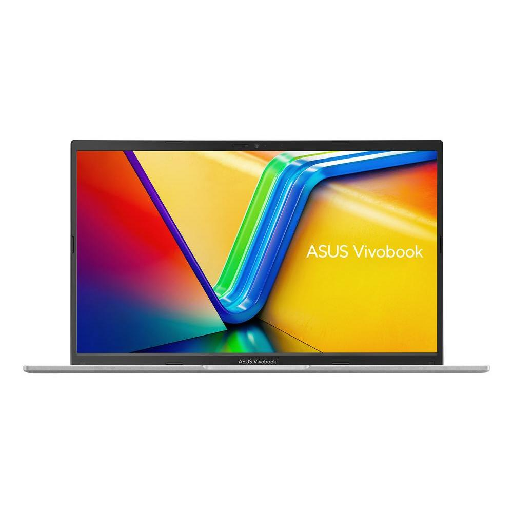 Una laptop ASUS Vivobook plateada está abierta. La pantalla muestra un degradado colorido con el logotipo de ASUS Vivobook.