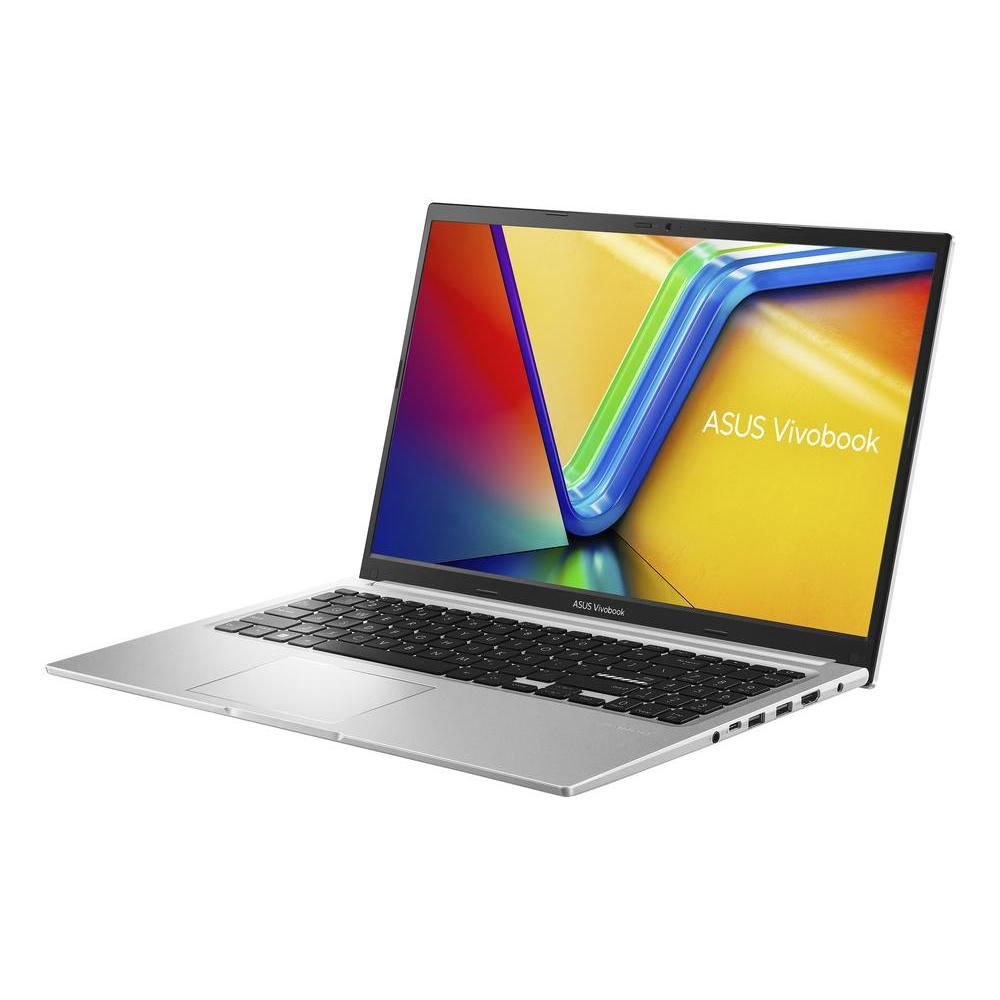 Portátil ASUS Vivobook plateado sobre fondo blanco. La pantalla muestra un diseño colorido. Teclado visible. El portátil está abierto.