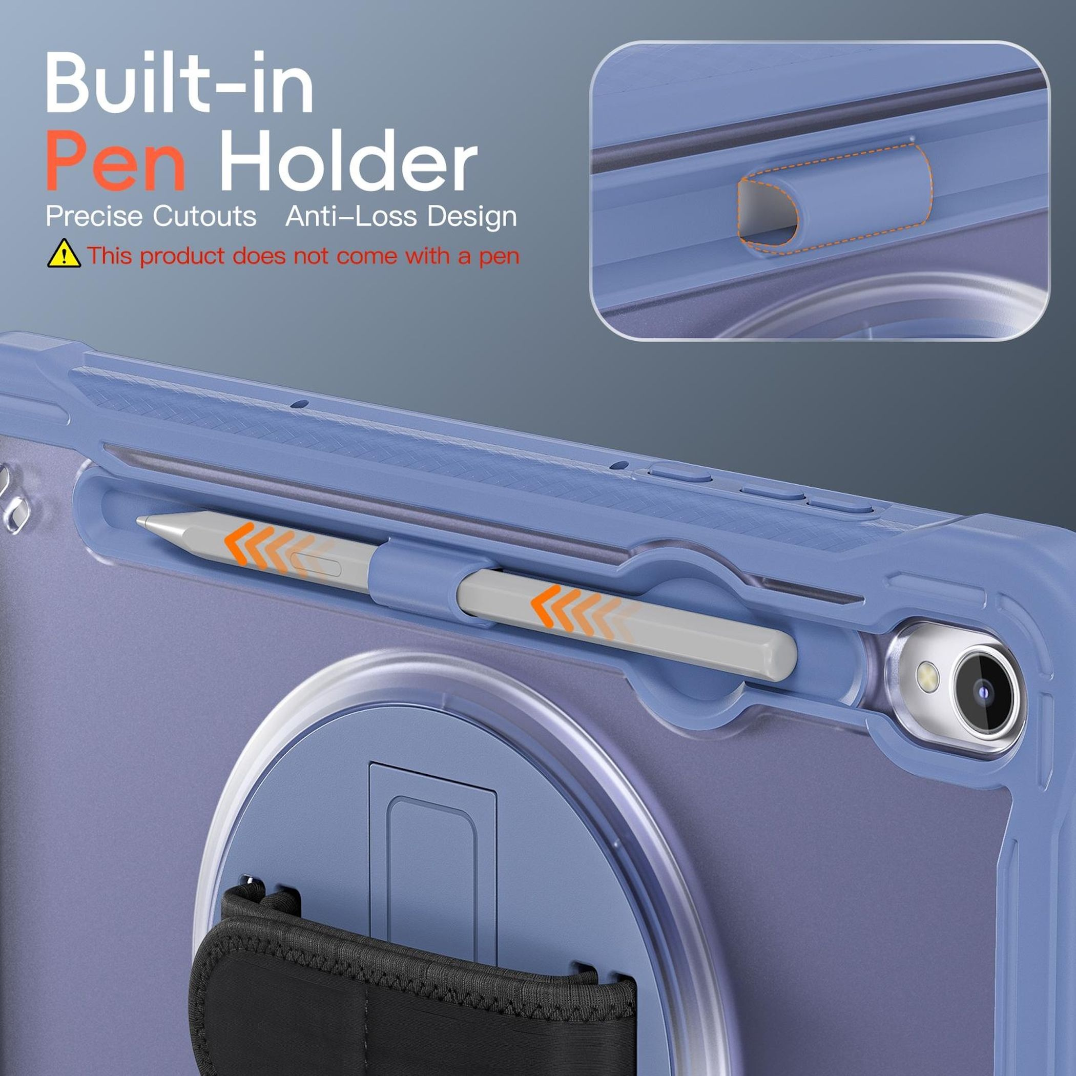 Una funda para tableta con un portalápices integrado. Se inserta un bolígrafo. La funda es azul y morada.
