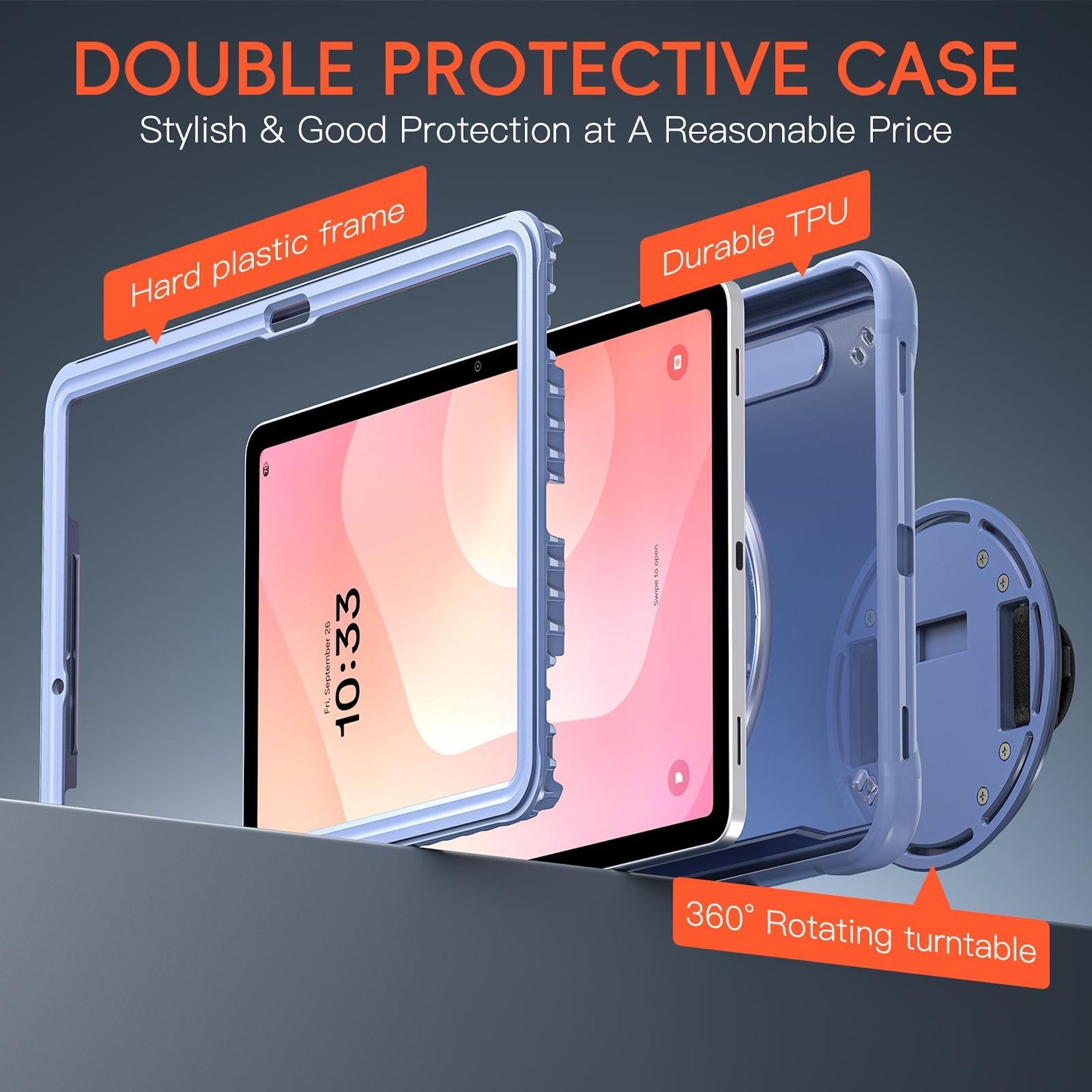 La imagen muestra una tableta en una funda protectora. La funda tiene un marco de plástico duro y TPU duradero. Hay una plataforma giratoria de 360°.