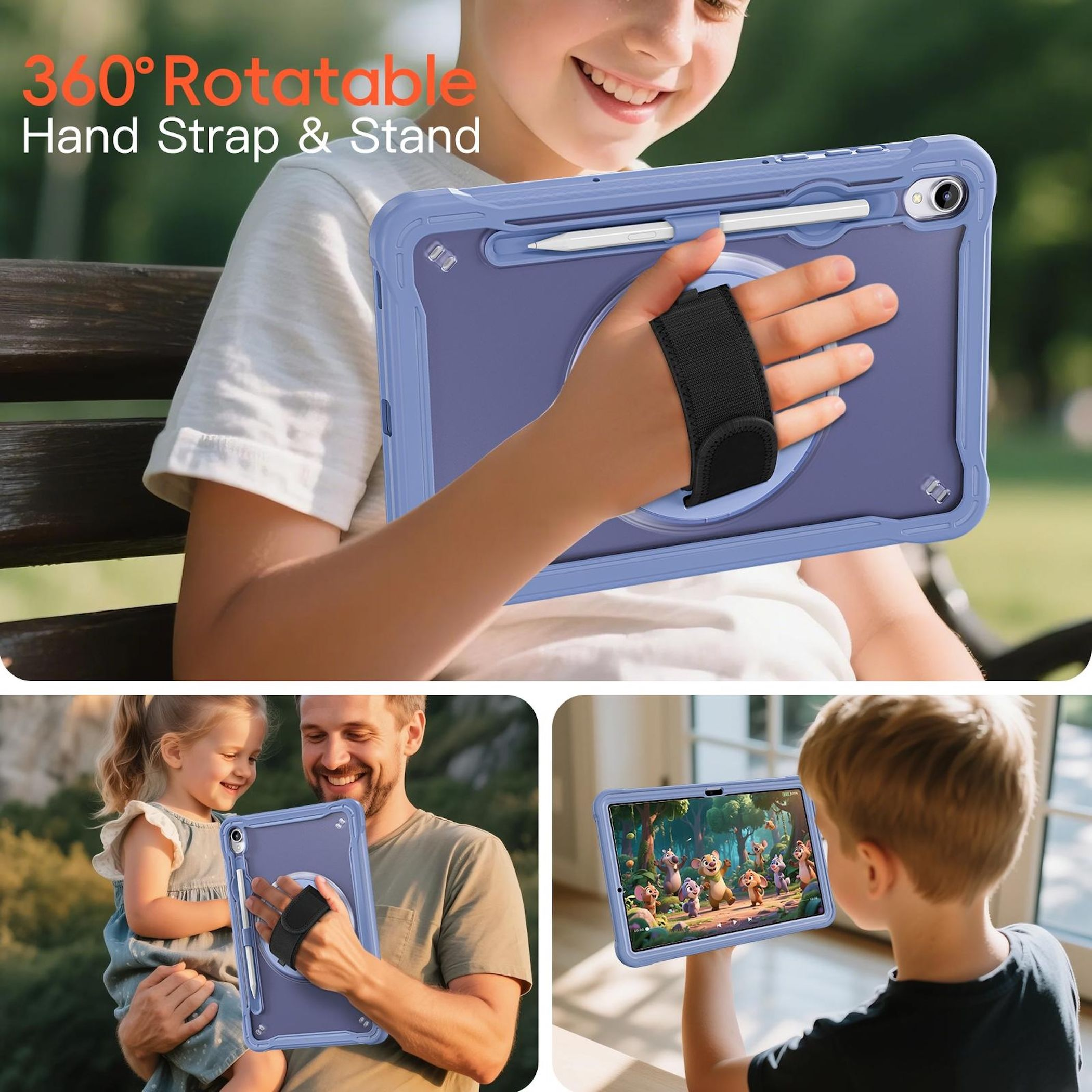 Un niño sostiene una tableta con una funda protectora. La funda tiene una correa de mano. Otras imágenes muestran el producto.