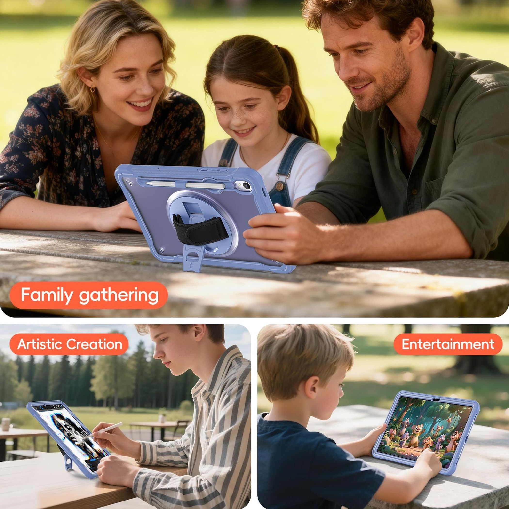 Familia usando una tableta al aire libre. Otros usan tabletas para arte y entretenimiento.