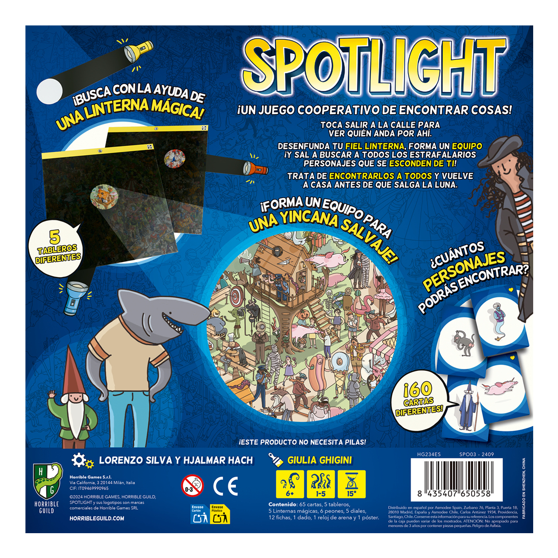 Spielbox mit Spotlight-Titel, Bildern von Charakteren, einem Hai, einem Zwerg und spanischem Text über das Spiel.