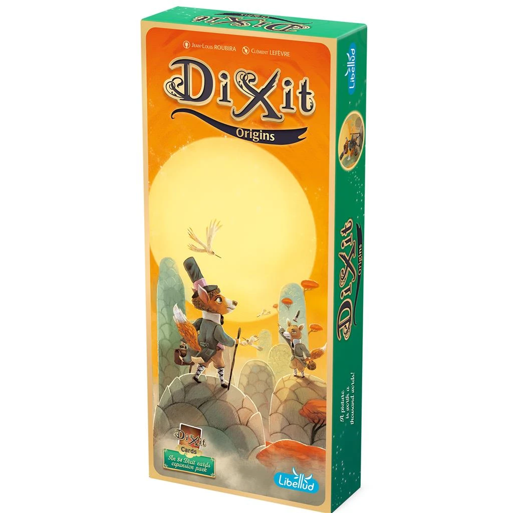 La boîte de jeu Dixit Origins montre un renard avec une canne, un grand soleil et le titre du jeu. La boîte est verte et orange.