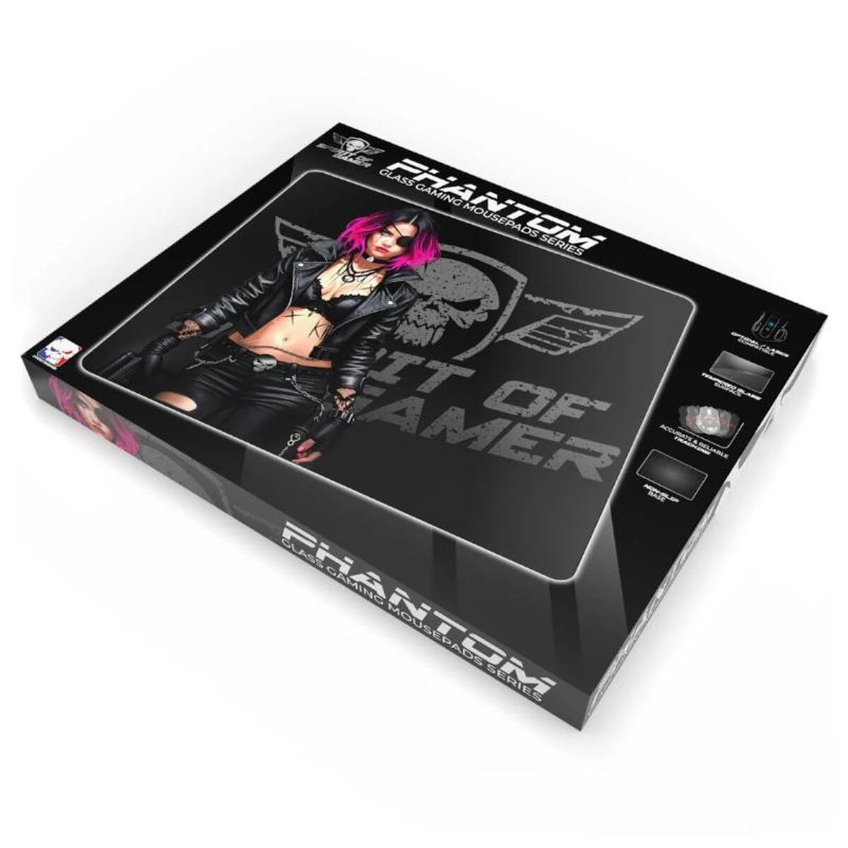 Scatola per tappetino per mouse con donna in pelle nera, capelli rosa, logo teschio. Testo: Phantom, Glass Gaming Mousepads Series.