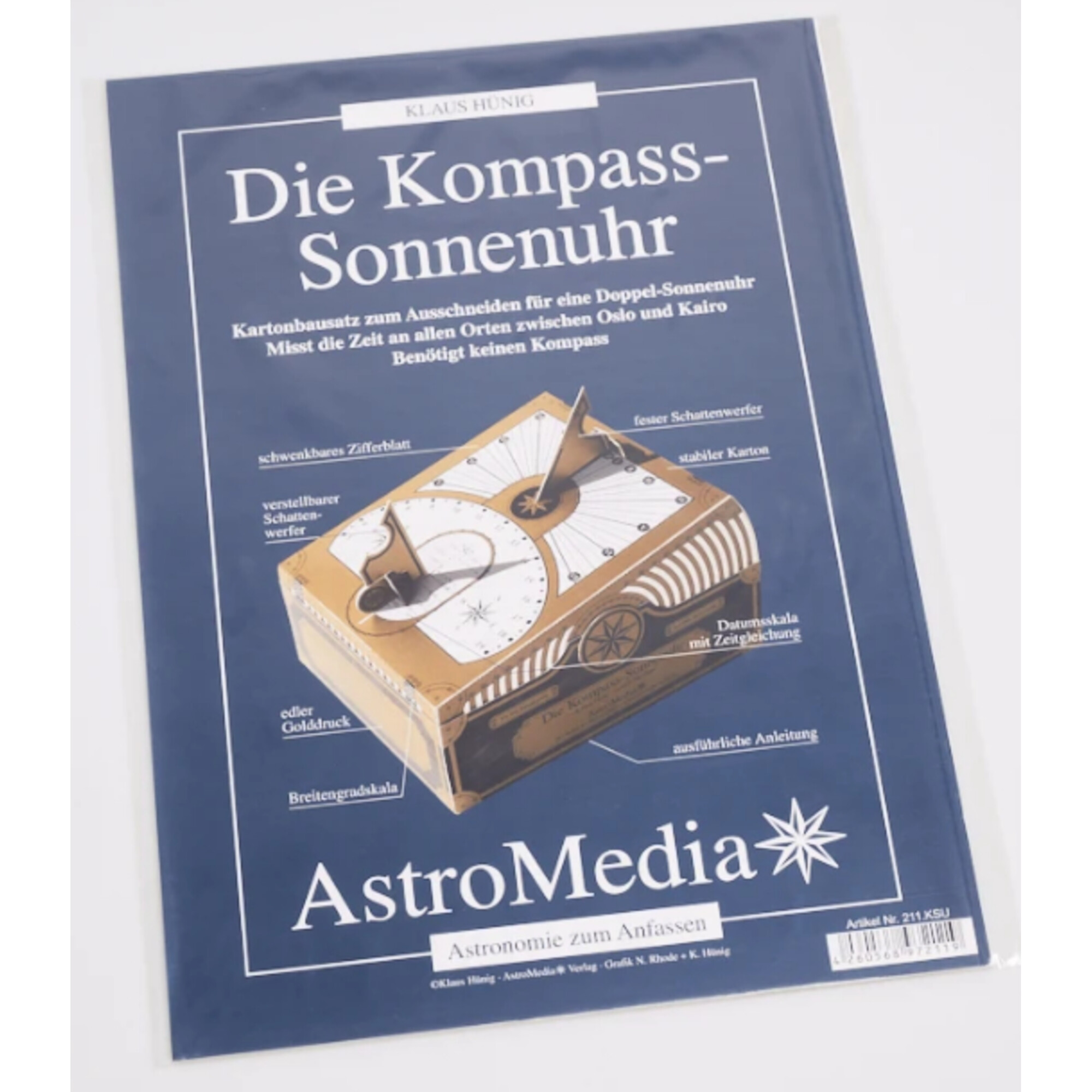Blaue Hülle mit Sonnenuhr-Bausatz. Deutscher Text beschreibt den Bausatz zur Zeitmessung ohne Kompass.