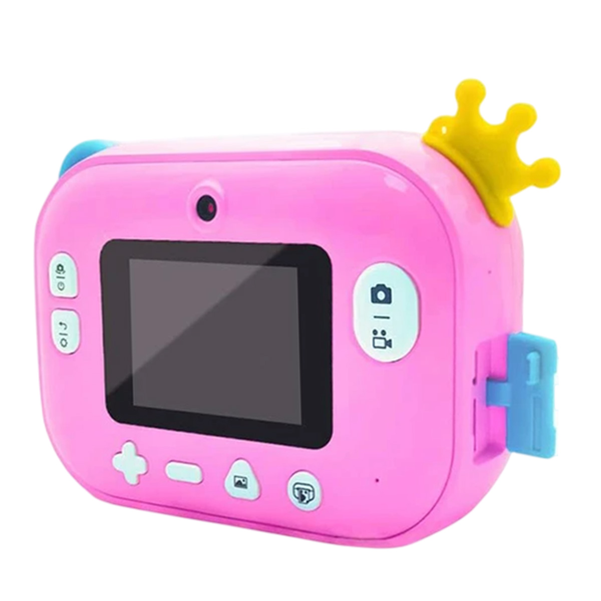 Cámara de juguete rosa con corona amarilla. Tiene pantalla y botones. Acentos azules y rosas.