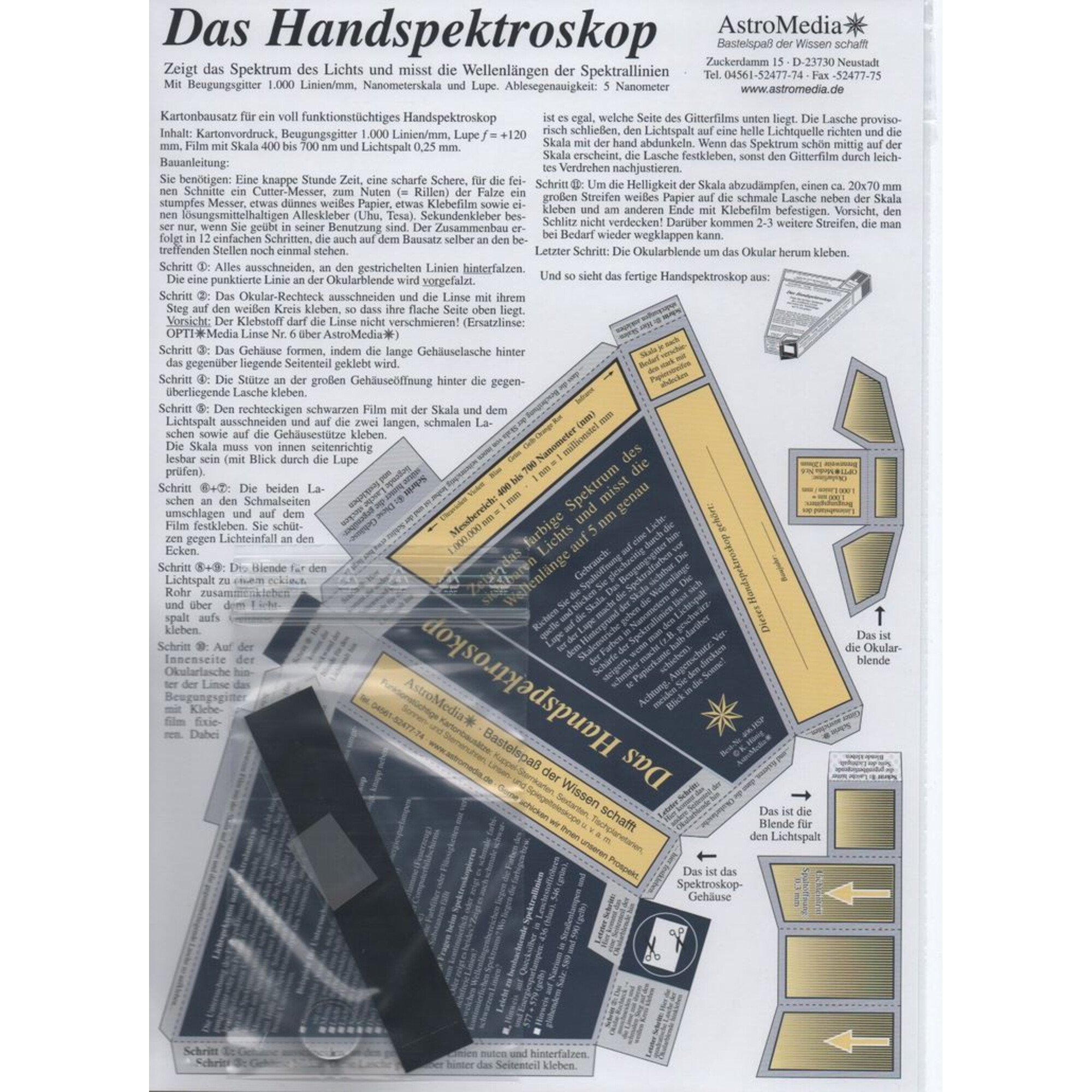 Diagramm eines Spektroskops mit Beschriftungen und Anweisungen, mit Text und Illustrationen.