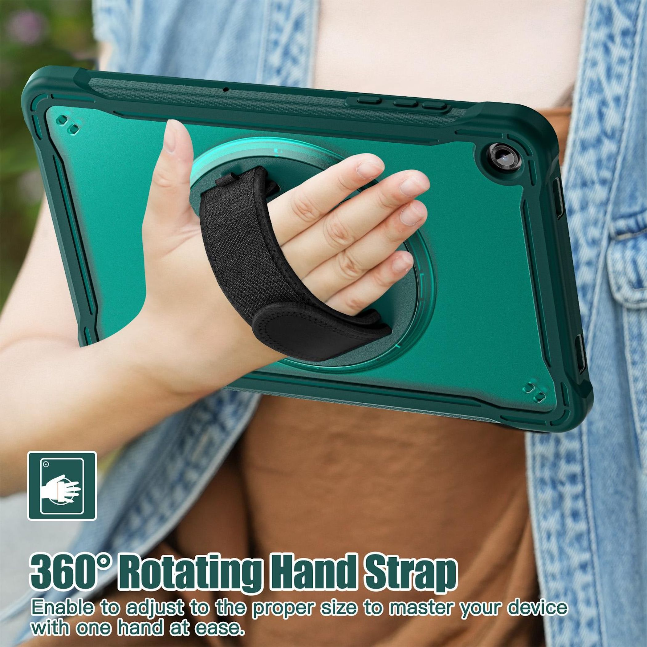 Hand hält eine teal Tablet-Hülle mit einem schwarzen Riemen. Text: 360° drehbarer Handriemen.