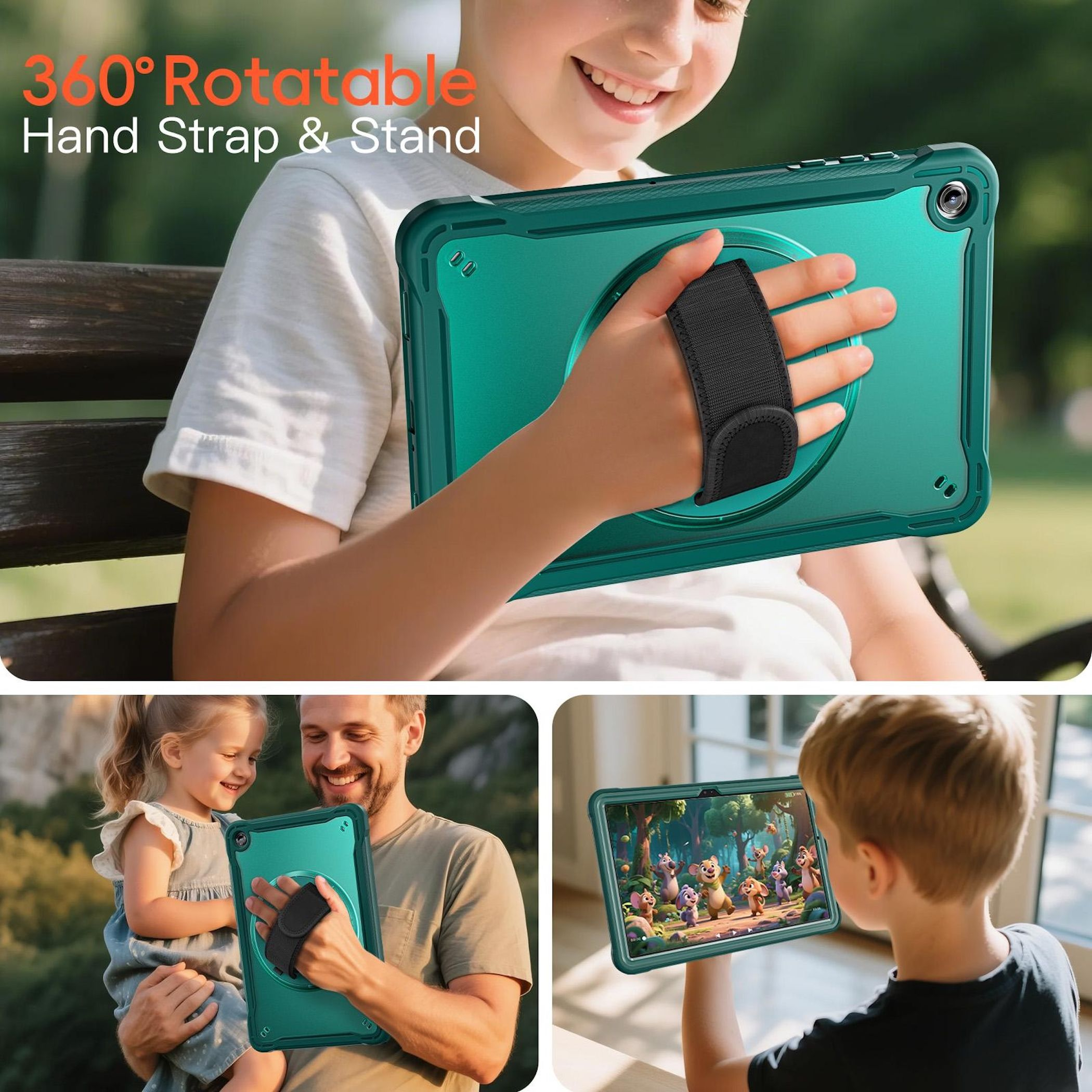 Ein Kind hält ein grünes Tablet mit Handschlaufe. Das Tablet befindet sich in einer Schutzhülle. Andere Personen halten Tablets.