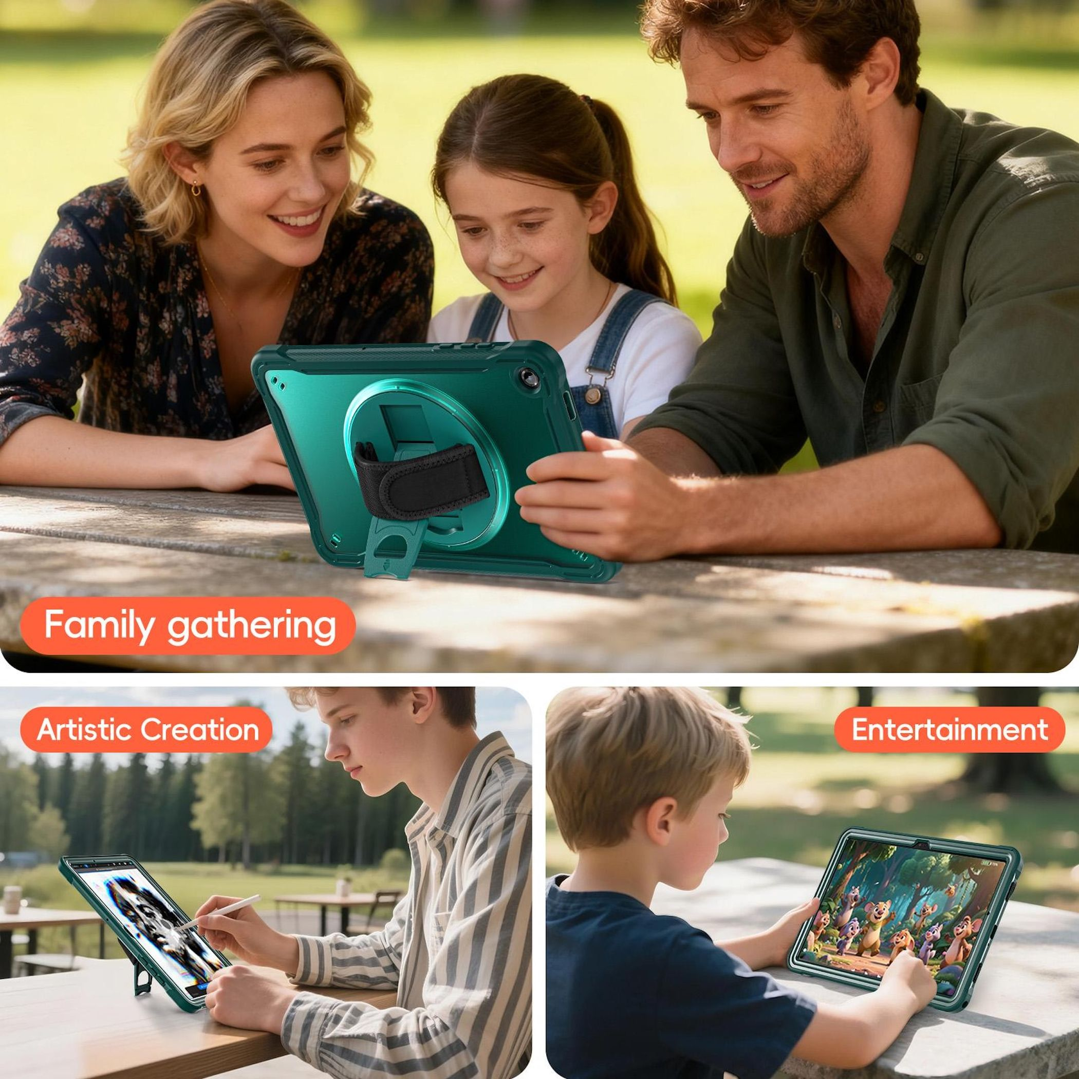 Familie benutzt ein Tablet im Freien. Ein Mädchen, ein Mann und eine Frau schauen auf den Bildschirm. Zwei weitere Bilder zeigen Kinder, die das Tablet benutzen.