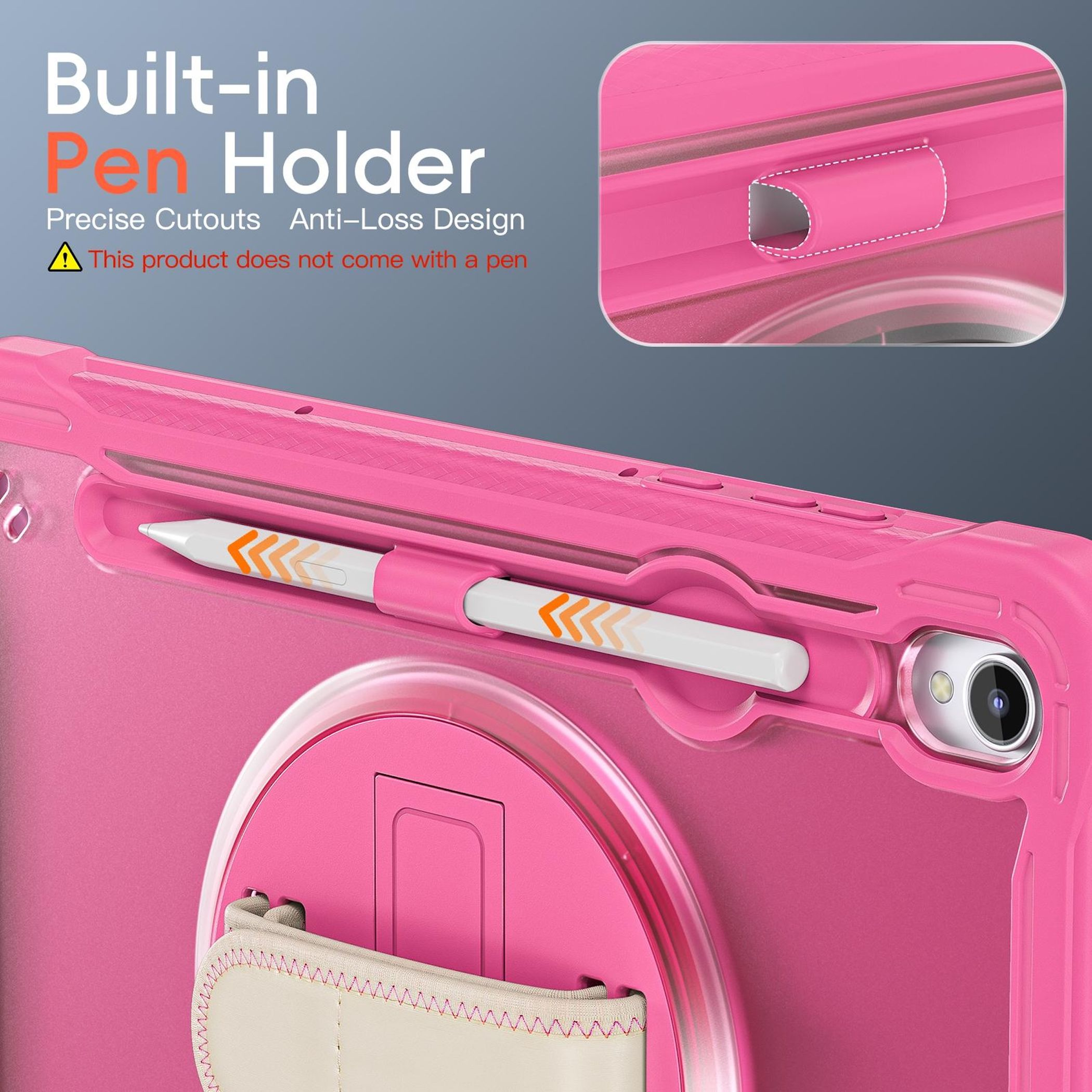 Rosa Tablet-Hülle mit eingebautem Stifthalter. Ein weißer Stift mit orangefarbenen Pfeilen befindet sich darin. Text: Built-in Pen Holder.