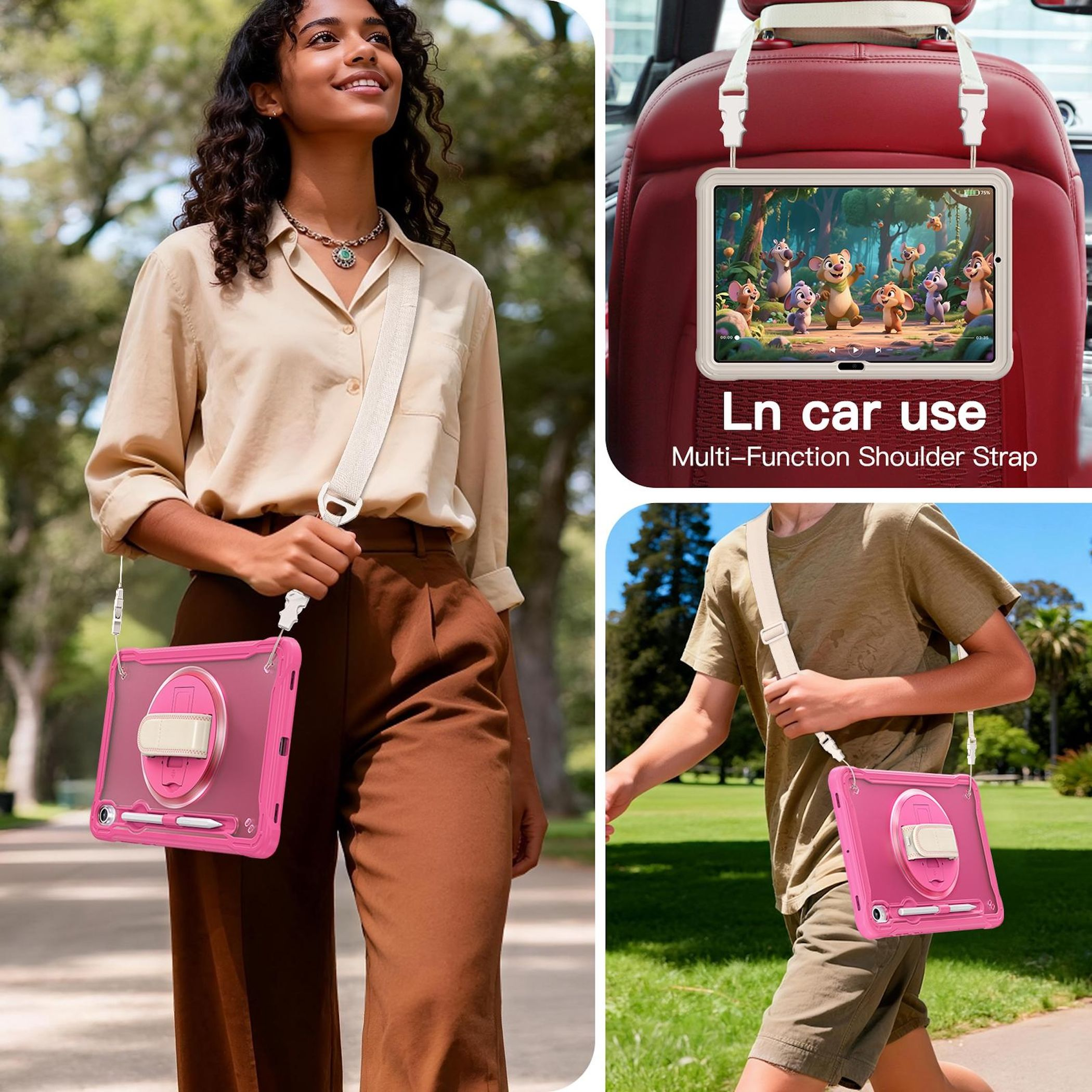 Eine Frau und ein Junge tragen jeweils eine pinkfarbene Tablethülle mit weißem Riemen. Text: Ln car use Multi-Function Shoulder Strap.