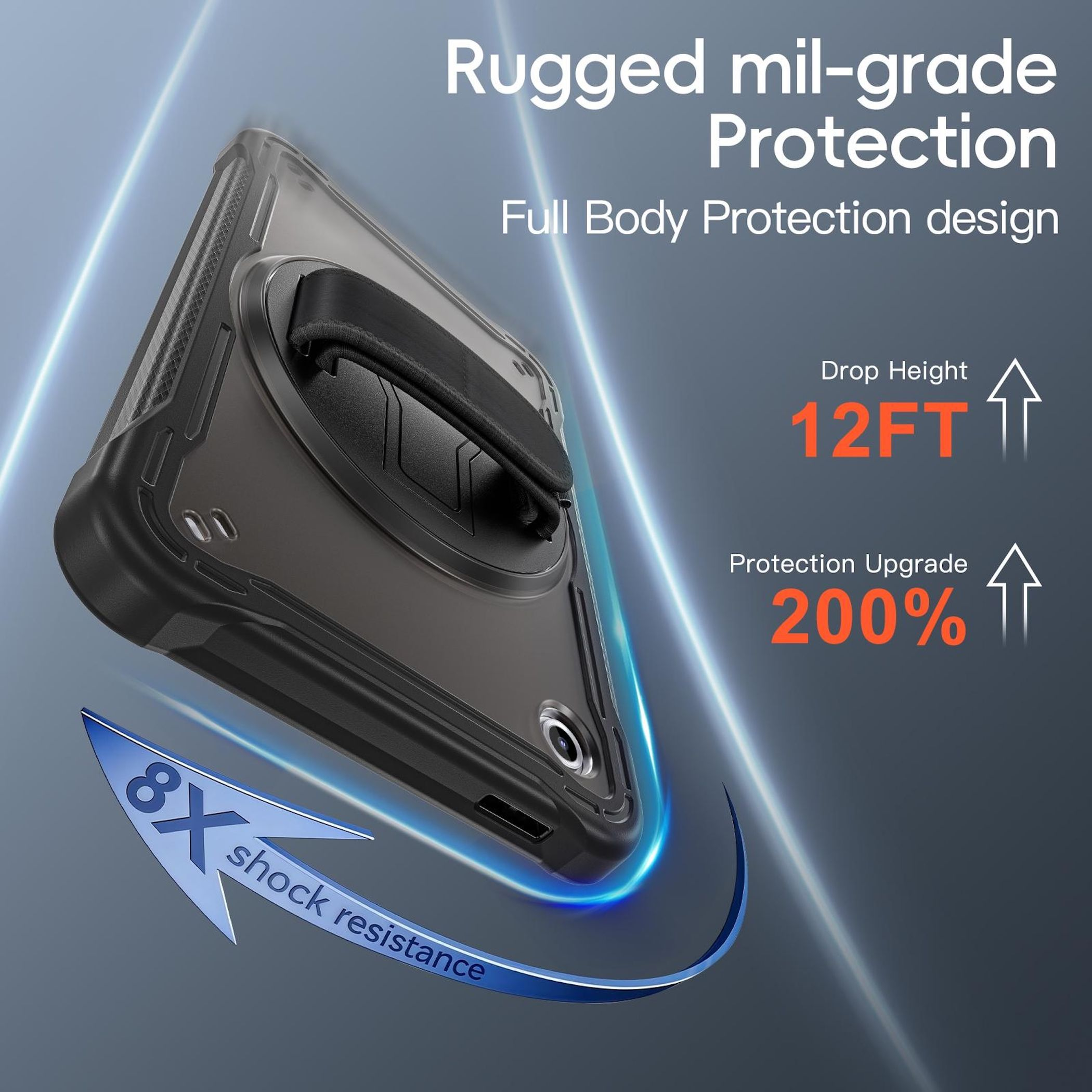 Funda de teléfono con correa, negro y transparente. El texto destaca protección robusta, altura de caída 12FT y actualización del 200%.