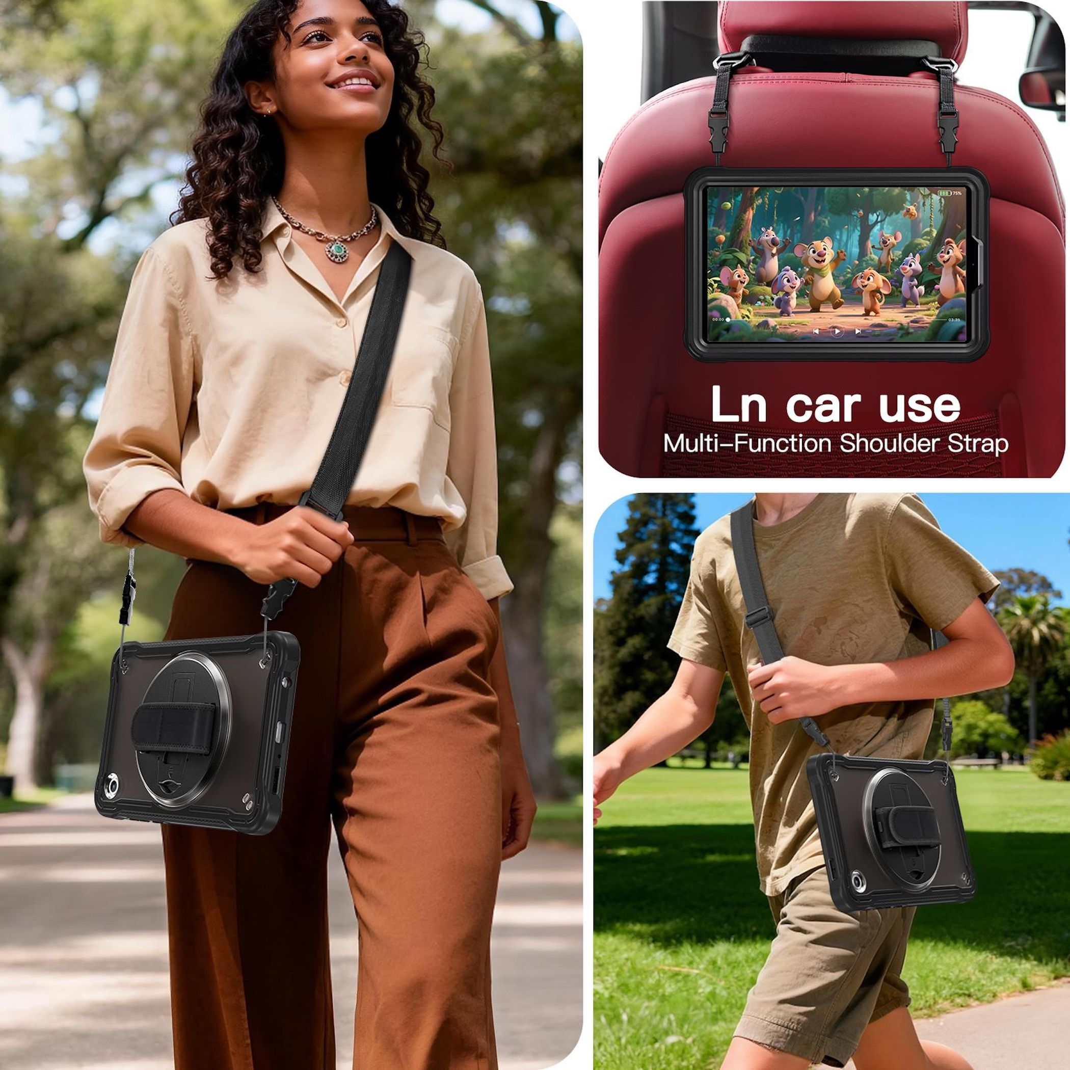 Mujer con funda para tableta, correa para el hombro. También tableta en reposacabezas y niño con tableta.