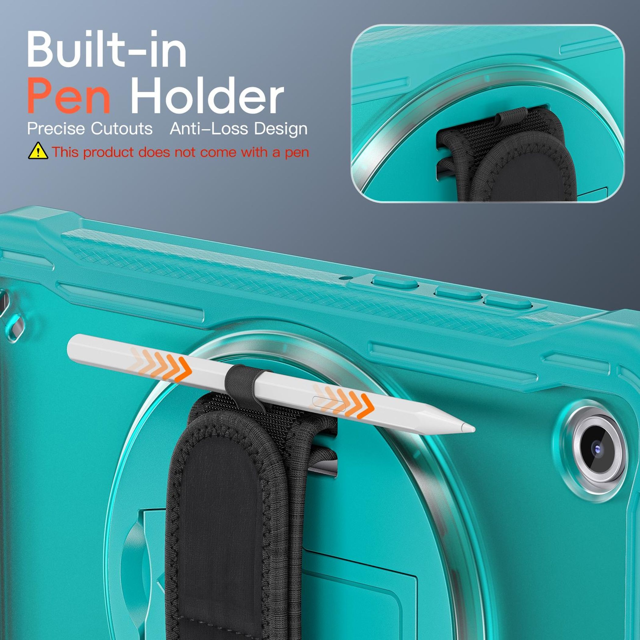 Una funda de tableta verde azulado con un portalápices incorporado, que sostiene un lápiz óptico blanco. El texto dice 'Built-in Pen Holder'.