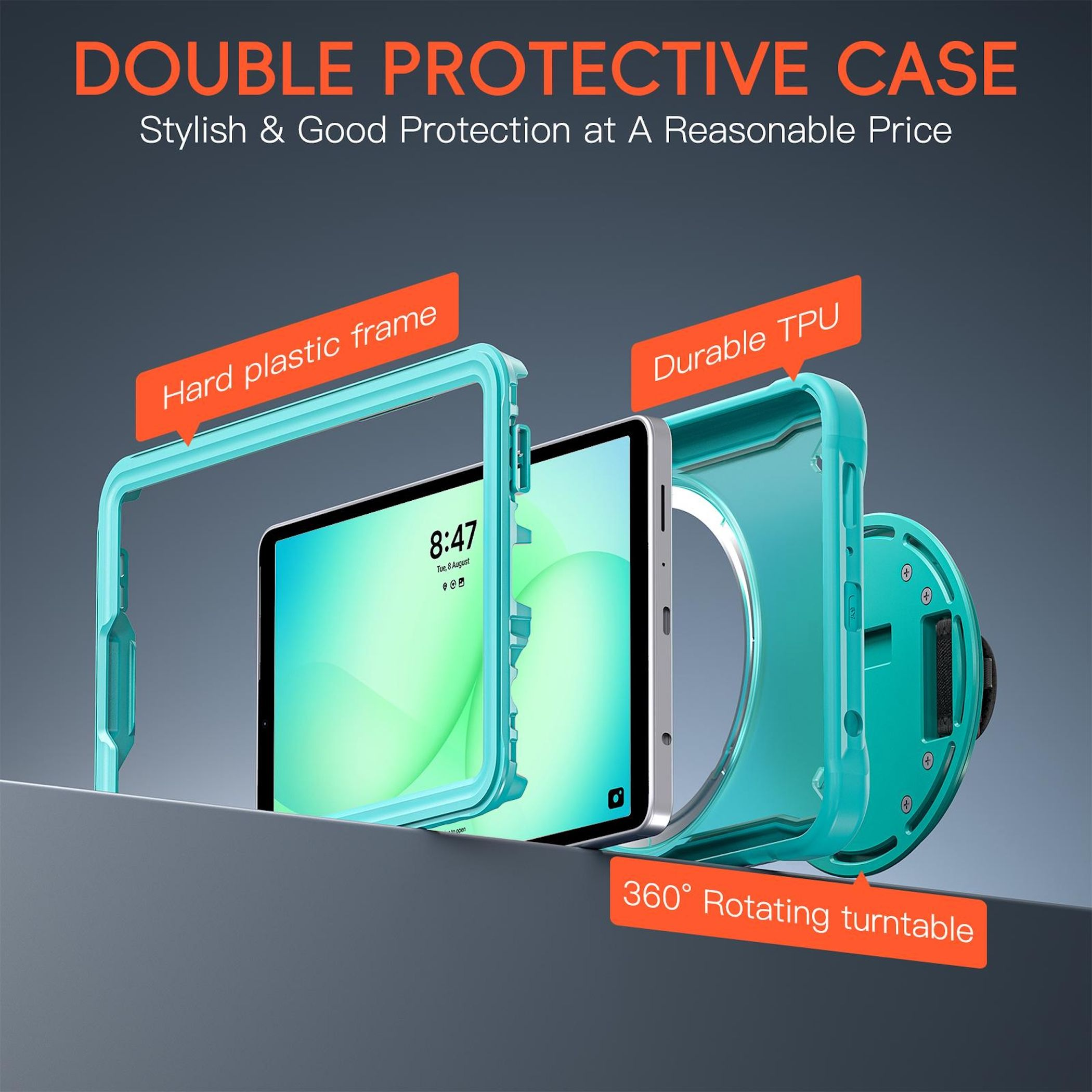 La imagen muestra una funda protectora de color verde azulado para una tableta con etiquetas: Marco de plástico duro, TPU duradero y plataforma giratoria de 360°.