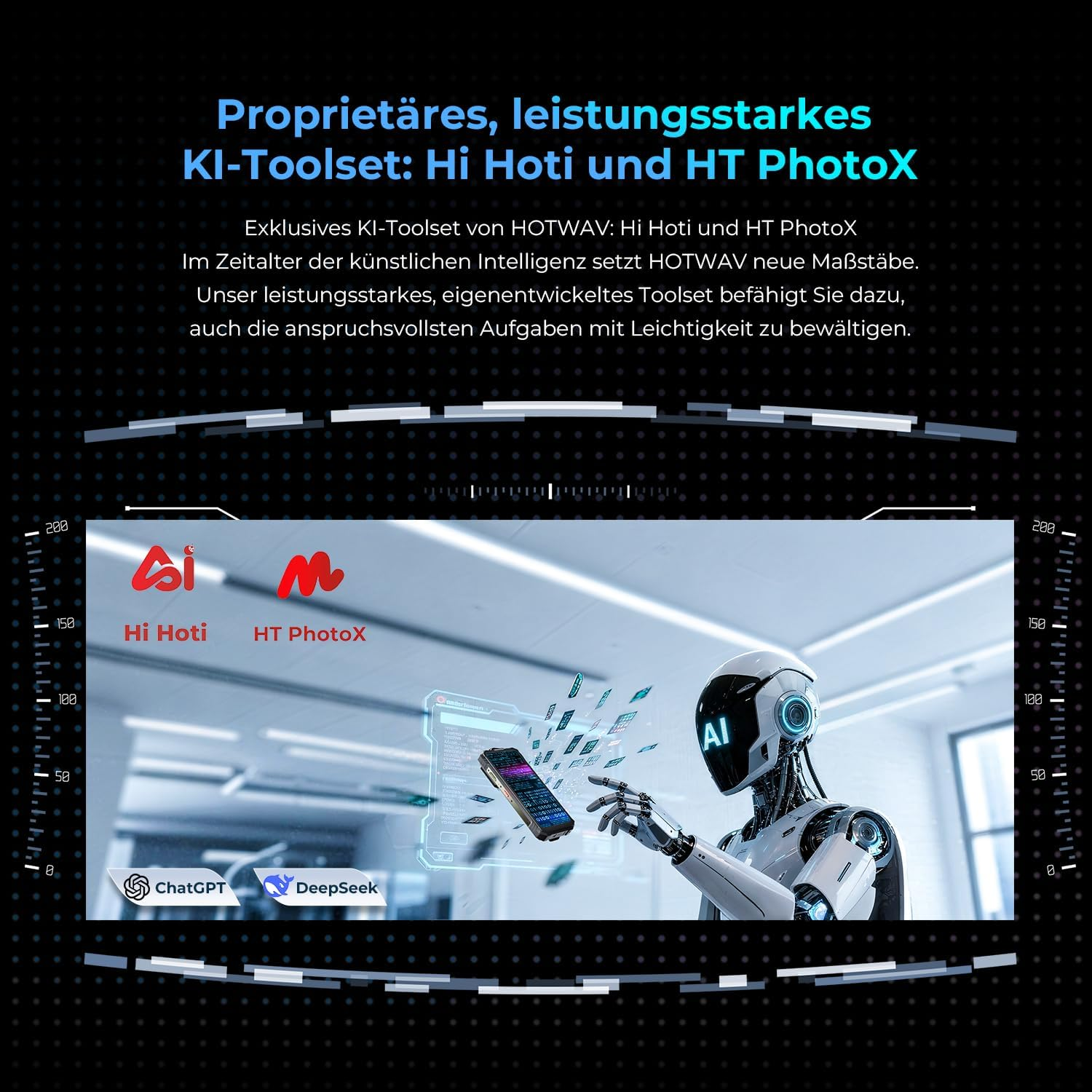Un robot de IA interactúa con un teléfono holográfico, promocionando Hi Hoti y HT PhotoX, con logos de ChatGPT y DeepSeek.