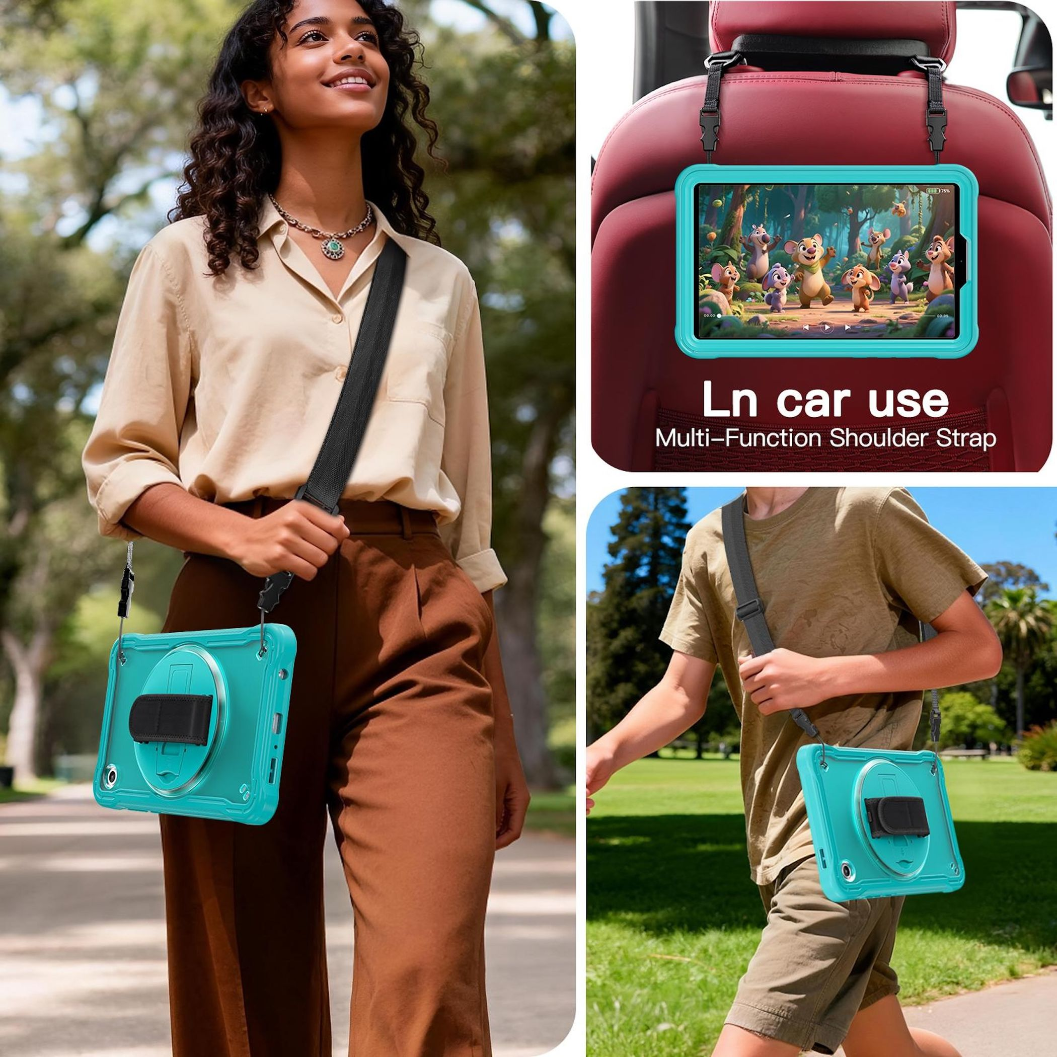 Una mujer y un niño llevan tabletas con correas. La tableta tiene una funda verde azulado. Uno está en un coche, el otro afuera.