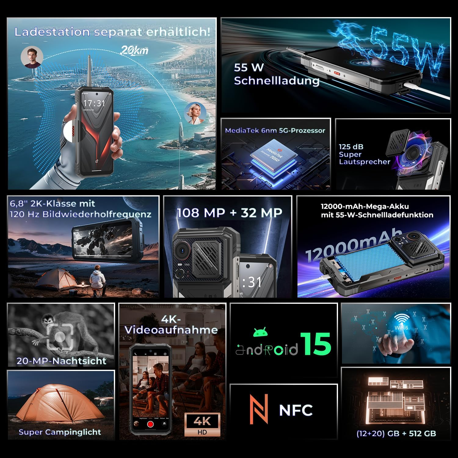 Ein robustes Smartphone mit 55W Laden, 12000mAh Akku, 108MP Kamera und Android 15. Enthält NFC und Wi-Fi 6.