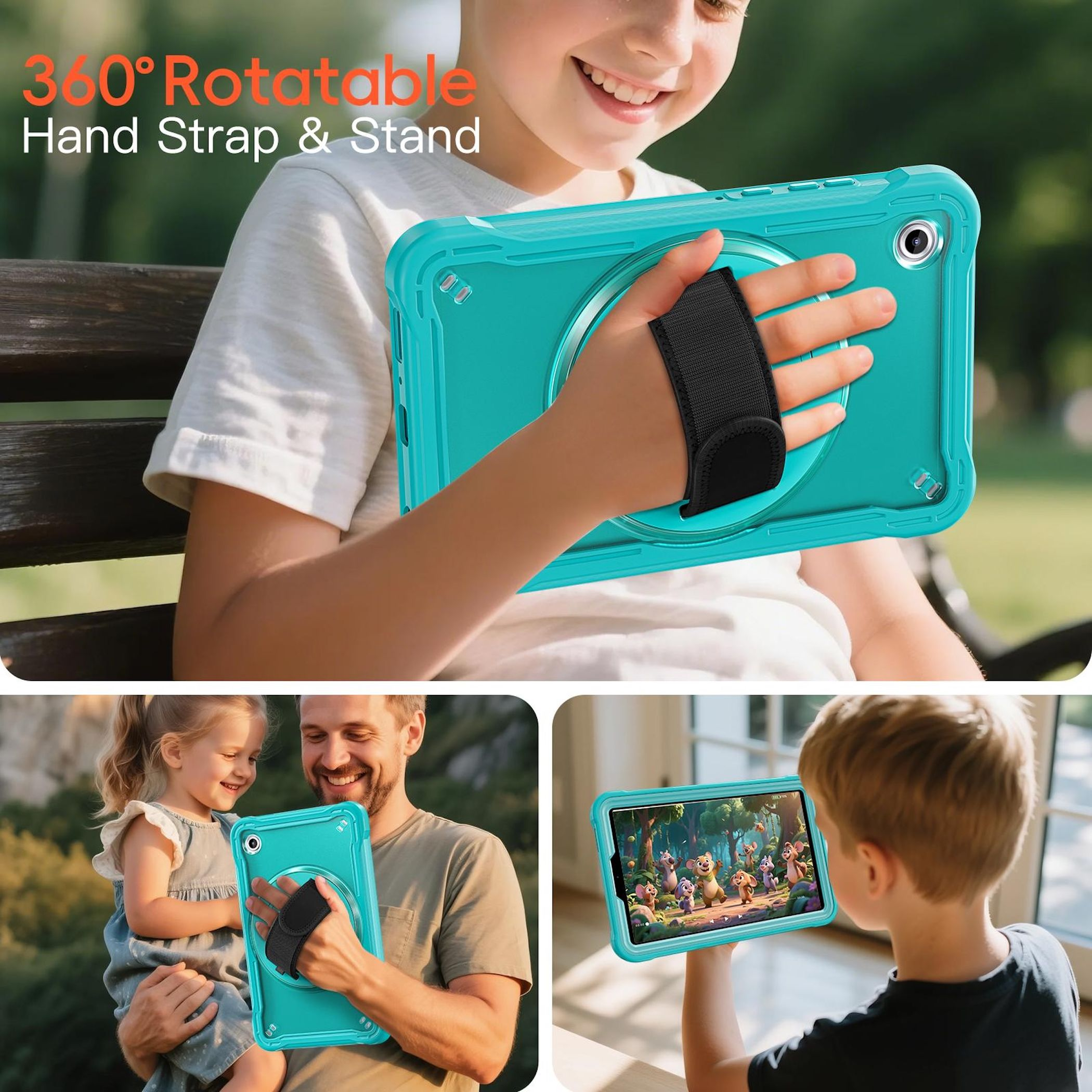 Un niño sostiene una funda de tableta turquesa con una correa de mano. Otras imágenes muestran la funda con un niño y un hombre.
