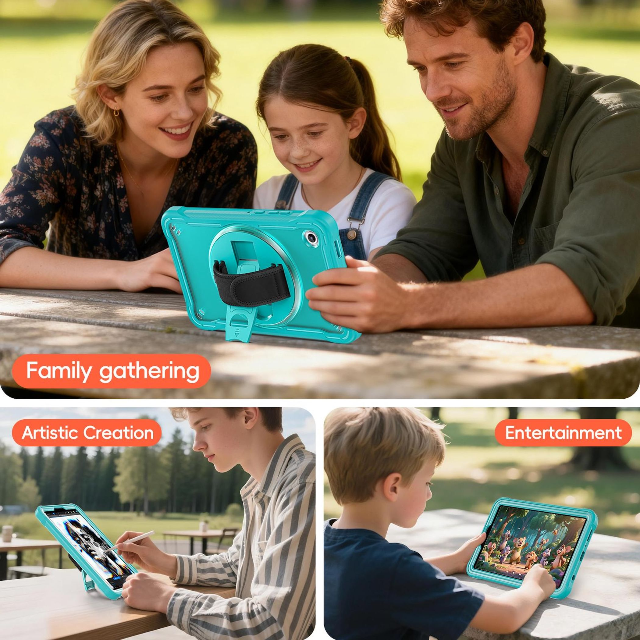 Una familia usa una tableta al aire libre. Un adolescente dibuja en una tableta, un niño ve una caricatura.