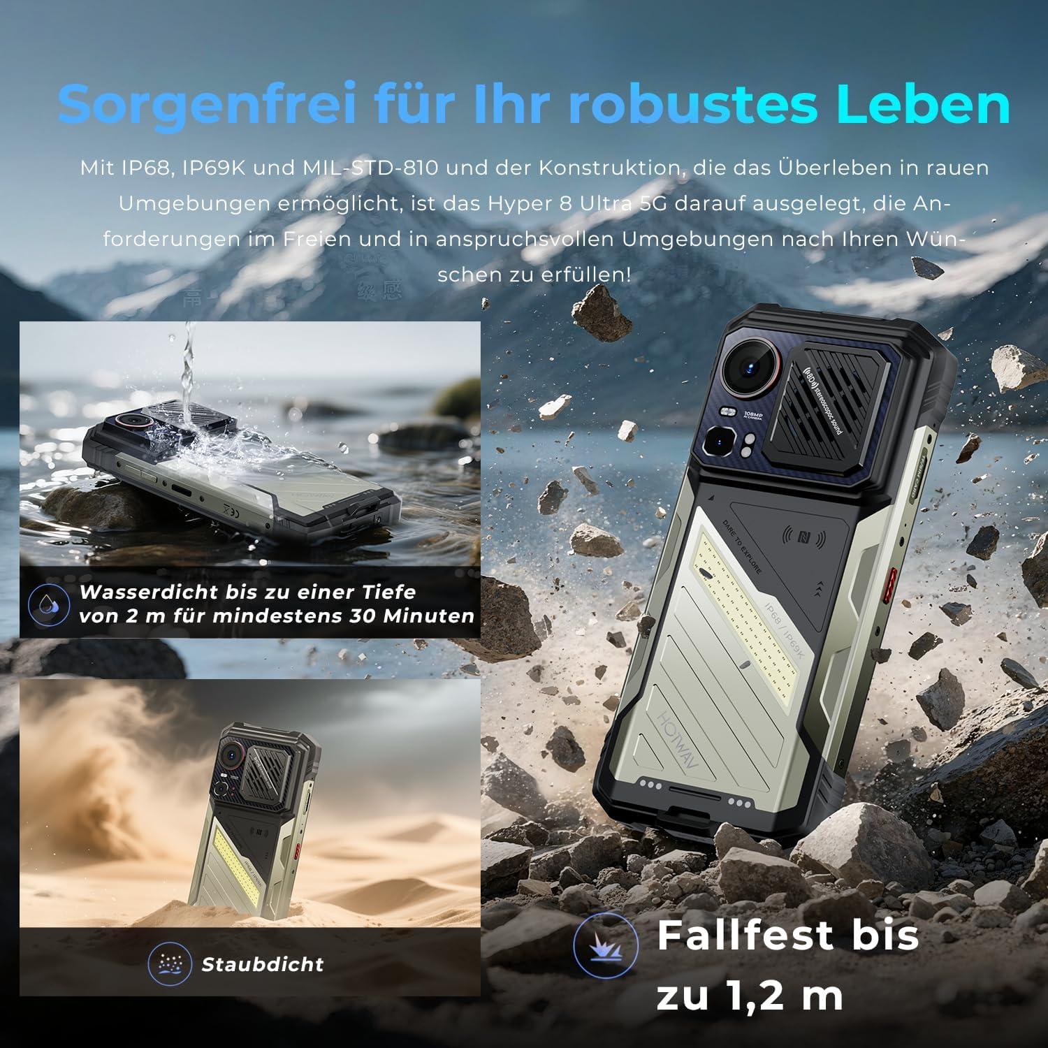 Ein robustes Telefon wird in verschiedenen Szenarien gezeigt: unter Wasser, inmitten von Felsen und im Sand. Es ist schwarz, grau und gelb.