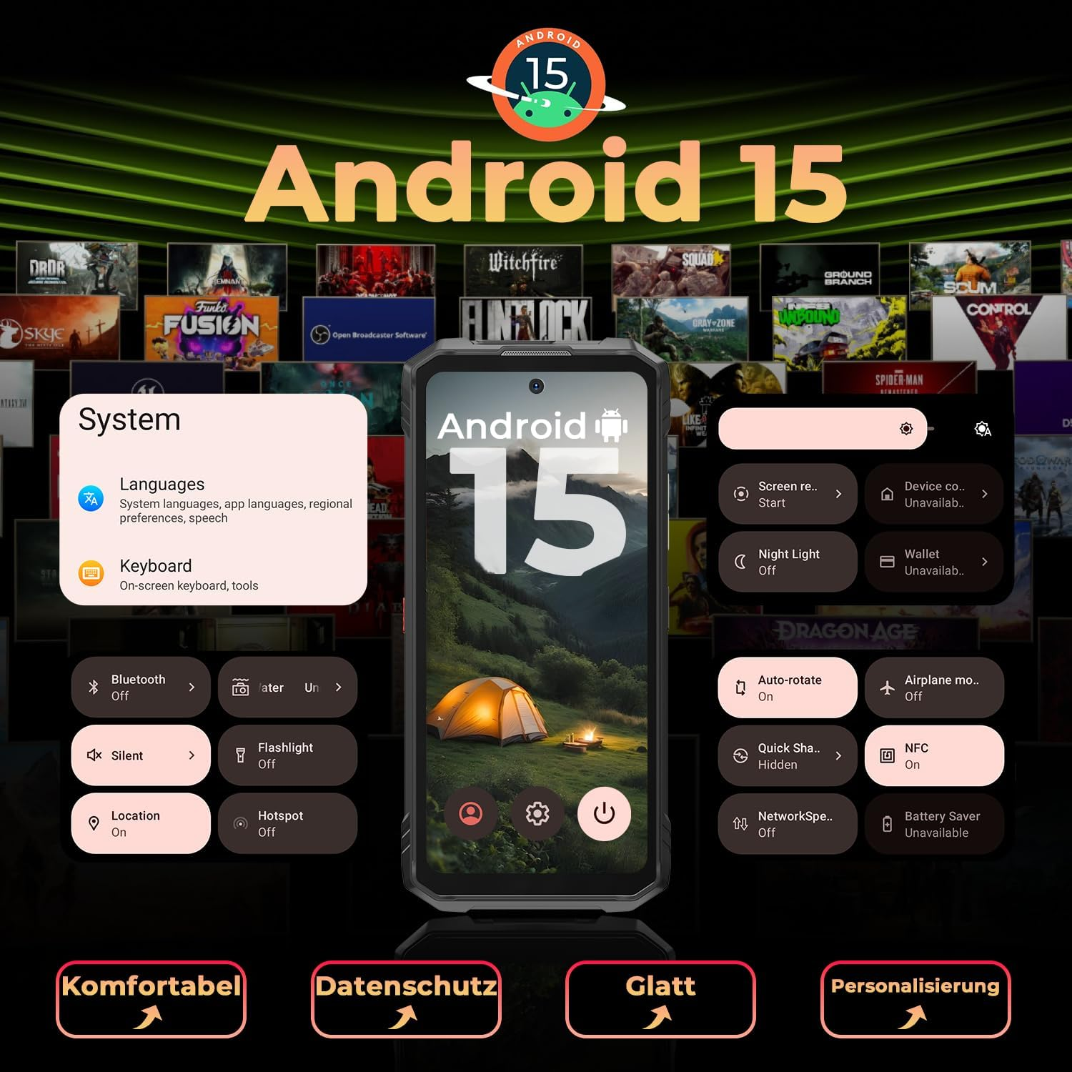 Interfaz de Android 15 en un teléfono. Incluye ajustes, información del sistema y accesos directos a aplicaciones.