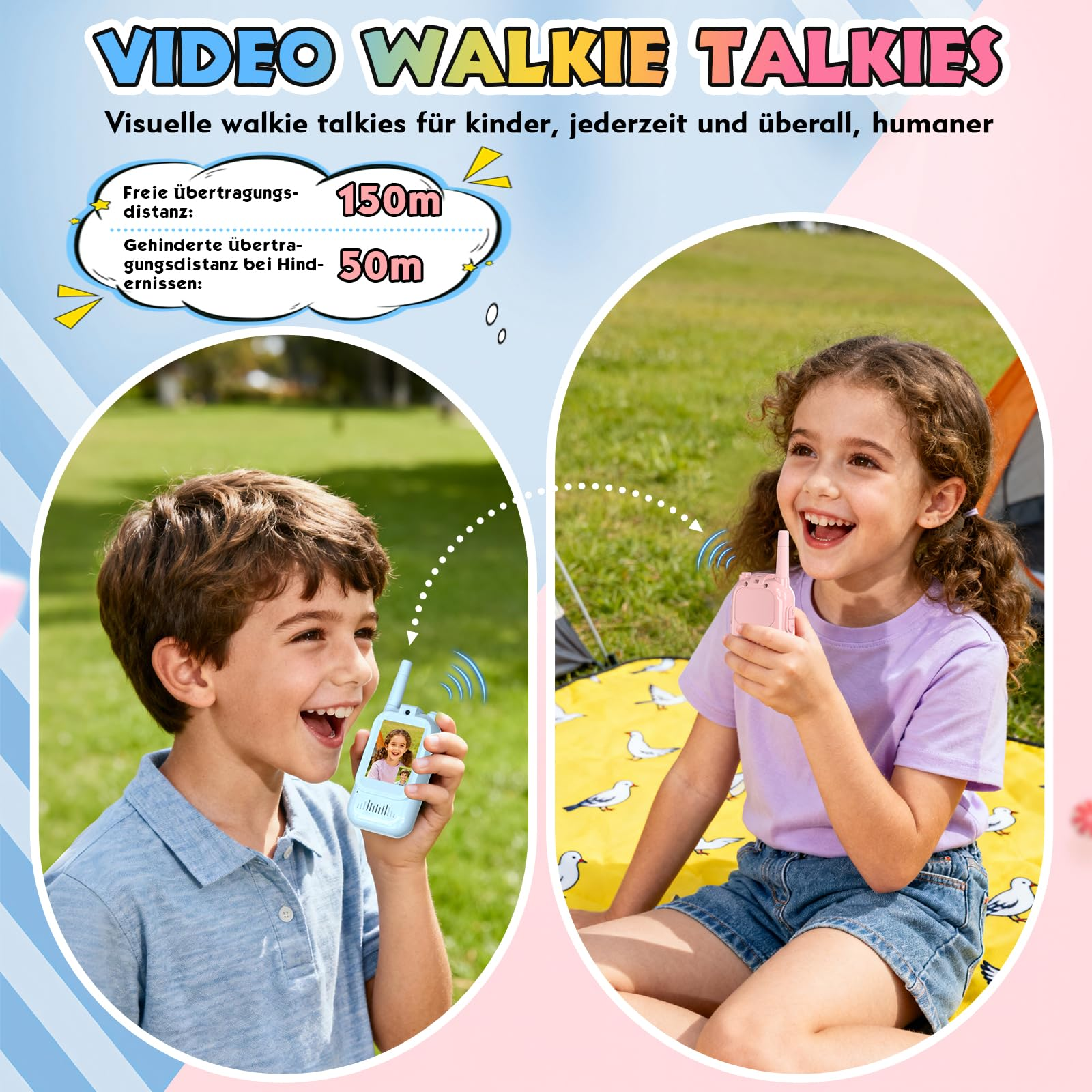 Junge und Mädchen lächeln, halten Walkie-Talkies im Park. Text zeigt 150m Reichweite. Rosa und blaue Geräte.
