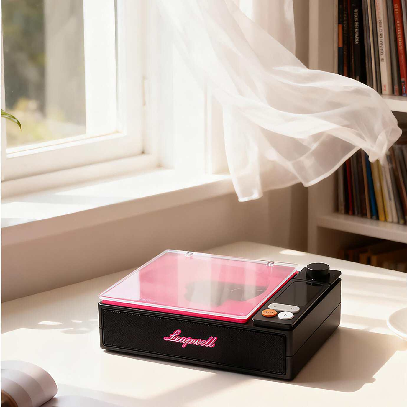 Ein schwarzer Plattenspieler mit rosa Akzenten steht auf einem Tisch in der Nähe eines Fensters mit durchsichtigen Vorhängen. Im Hintergrund sind Bücherregale zu sehen.