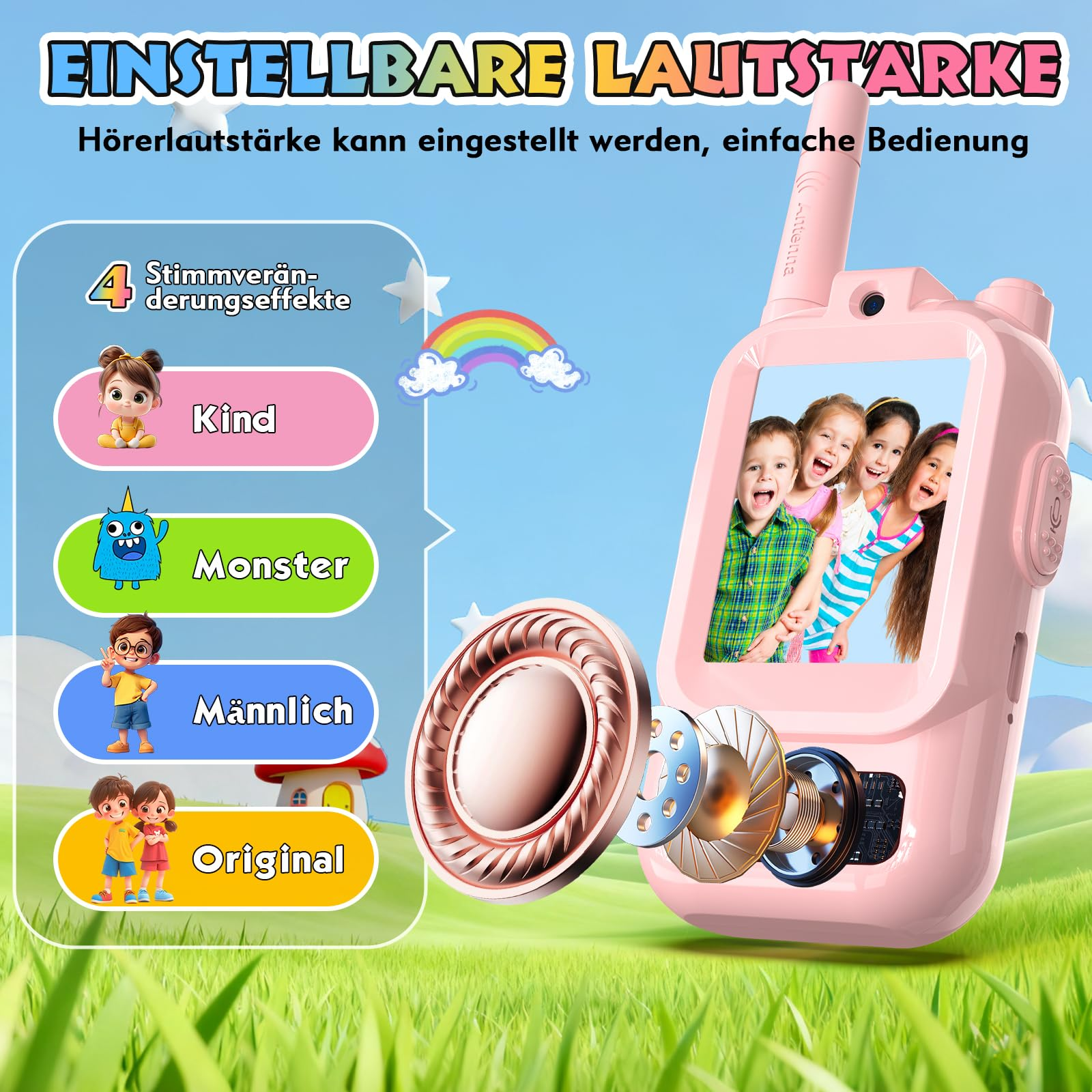 Ein rosa Walkie-Talkie mit Kindergesichtern auf dem Bildschirm, Spracheffekten und einem Lautsprecher. Text auf Deutsch.