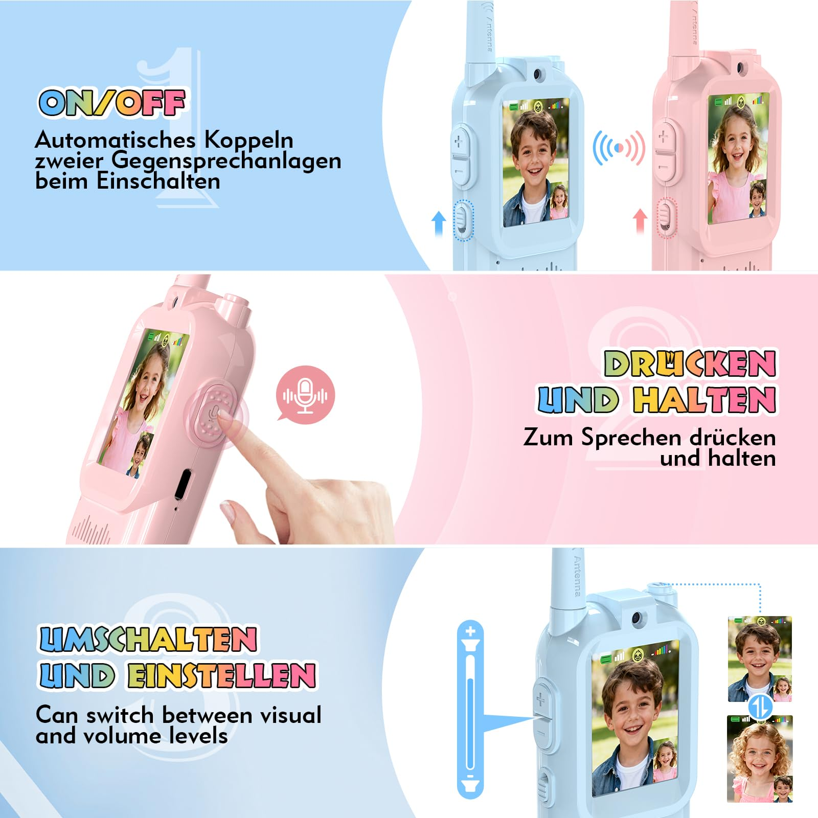 Das Bild zeigt ein Walkie-Talkie für Kinder mit Funktionen. Es hat Ein/Aus, Drücken und Halten zum Sprechen und Lautstärkeregelungsoptionen.