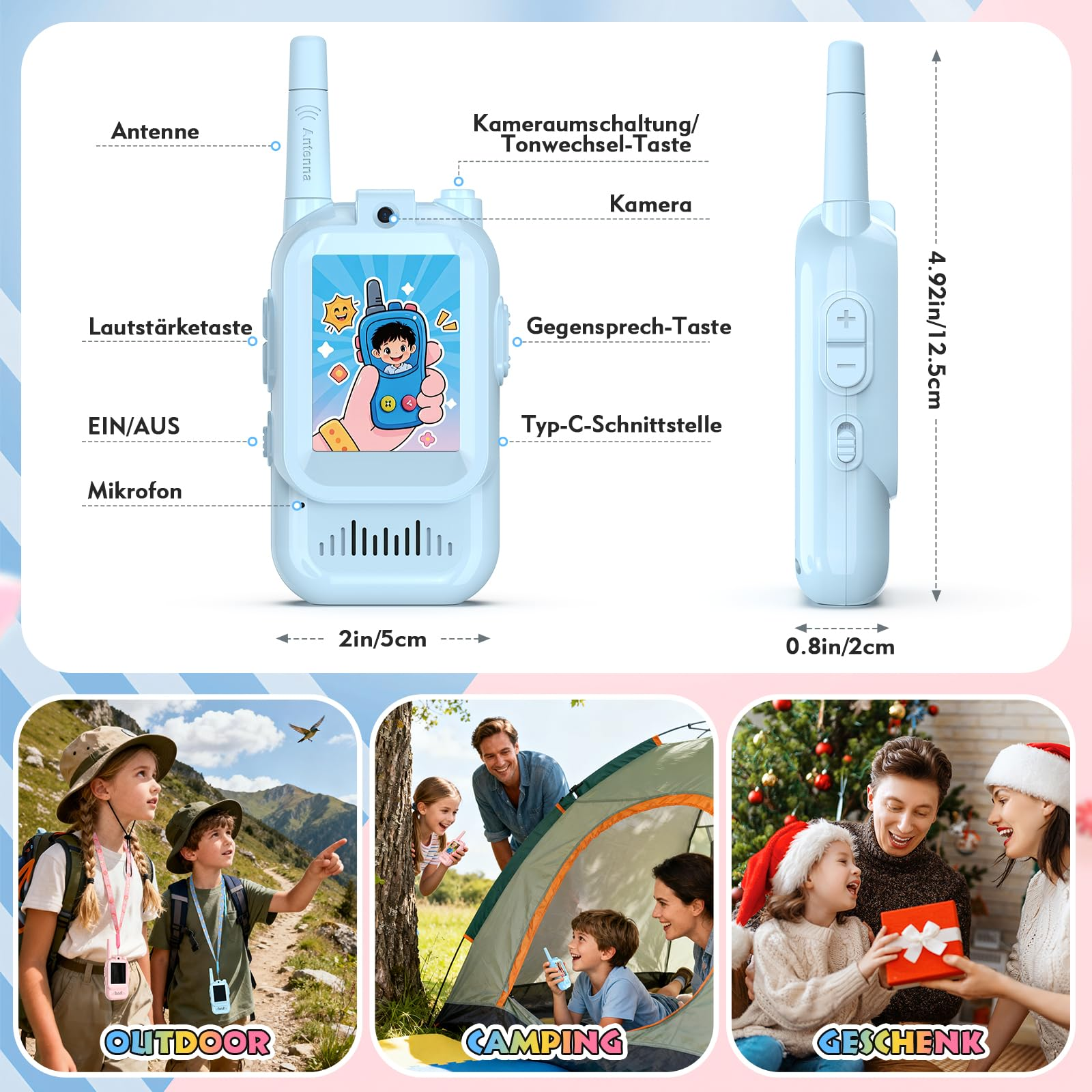 Ein hellblaues Walkie-Talkie mit Beschriftungen. Unten sind drei Szenen: Outdoor, Camping und Schenken.