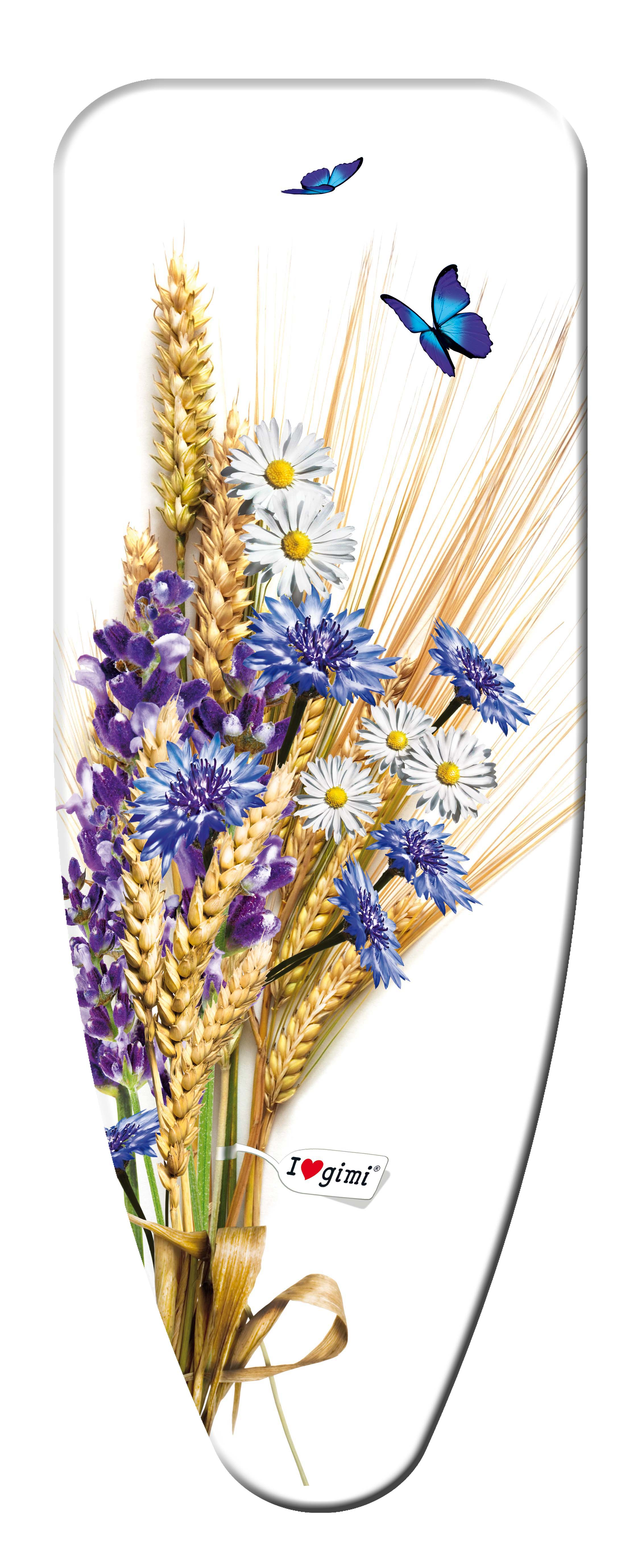 Ein Blumenstrauß mit Weizen, Gänseblümchen, blauen Kornblumen und Lavendel, mit zwei blauen Schmetterlingen.