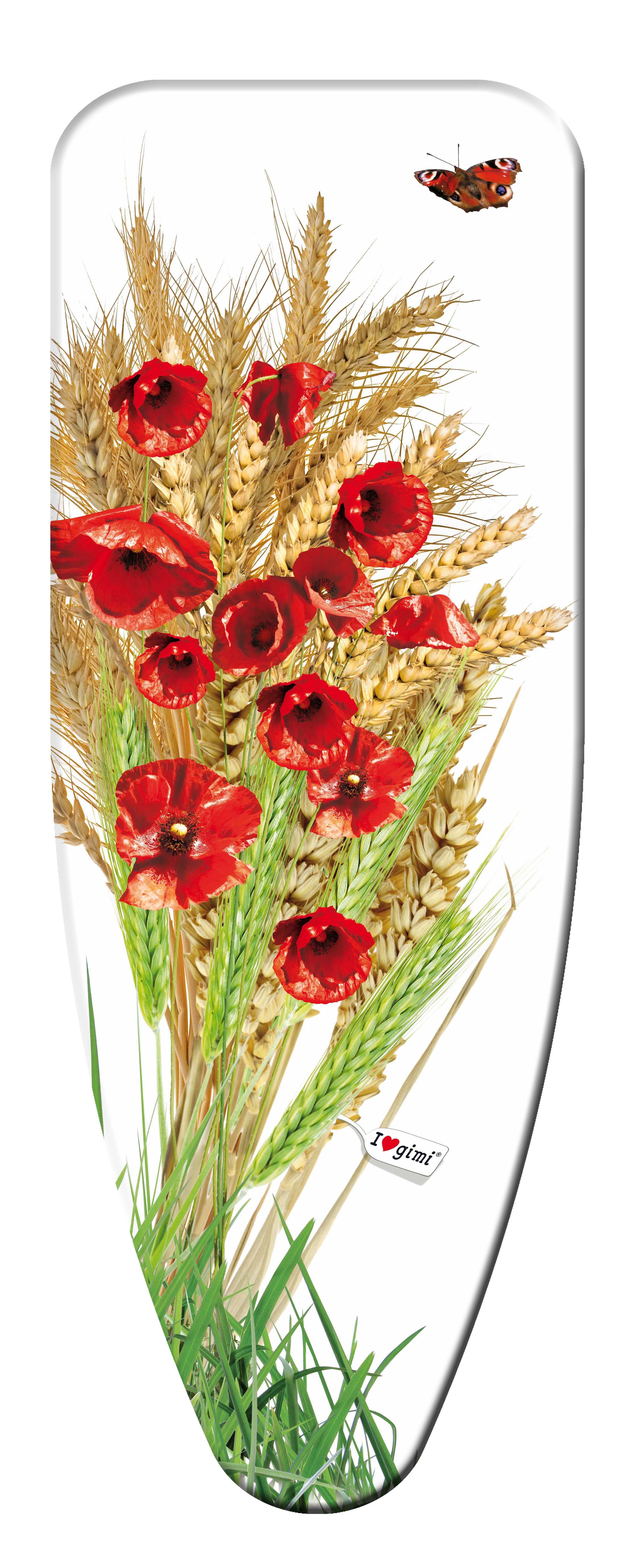 Ein Strauß mit roten Mohnblumen, Weizen und grünem Gras. Ein Schmetterling schwebt darüber. Ein weißes Etikett sagt: "I gimi".